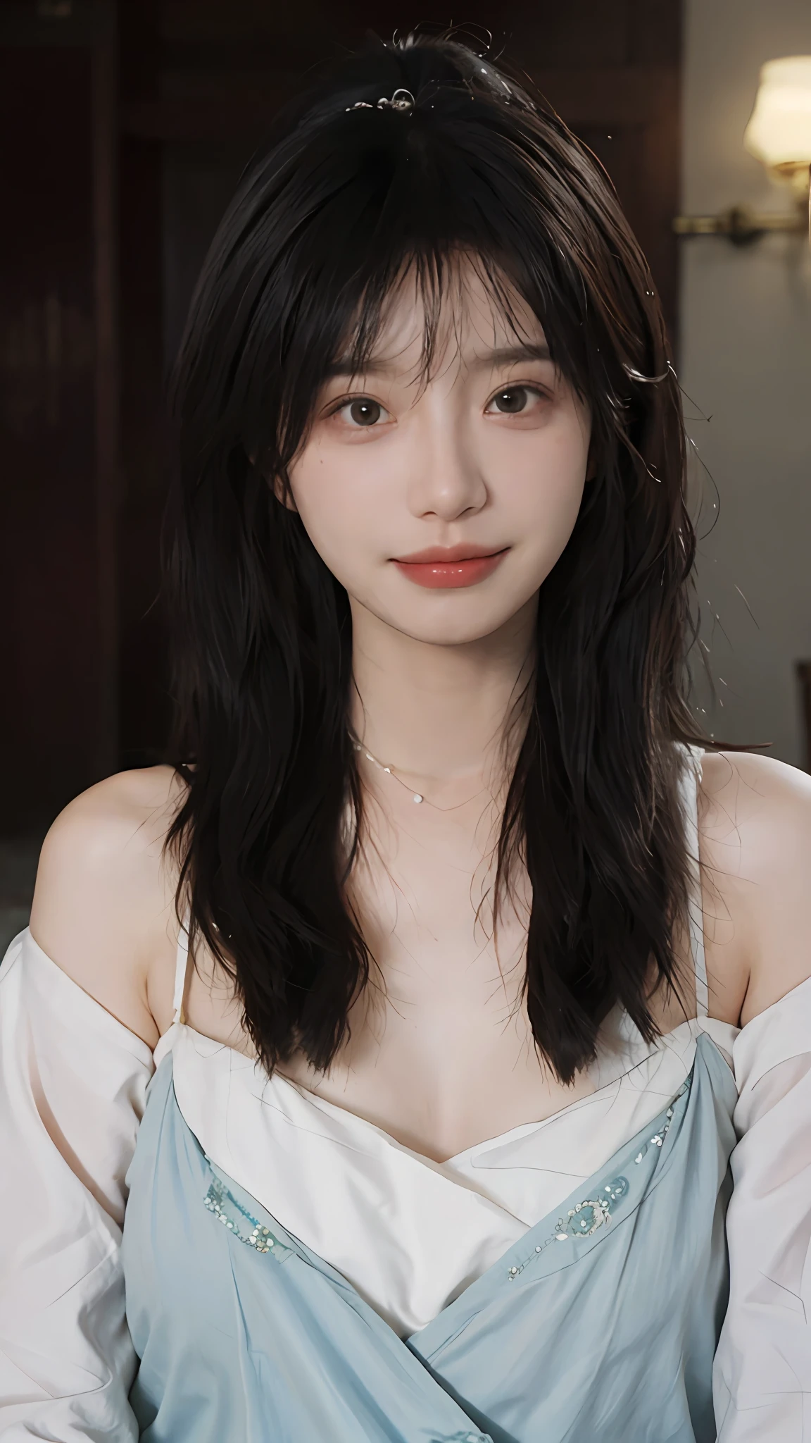 best qualtiy, 超高分辨率, (realisticlying:1.4),cute hairpin,Baoyu Girl,Stand in the wedding hall,(flatchest:1.2) ,A pair of clear and moving peach blossom eyes,Royal Sister,sunshine on face,Big wavy hairstyle,(choker necklace:1.2),(Fair skin:1.4),a sense of atmosphere,a beauty girl, ssmile,head straight-looking at viewer, closeup cleavage ,(Photorealistic:1.4),1girll,Sexy,(Upper body:1.4),(Wet body),(:1.2)