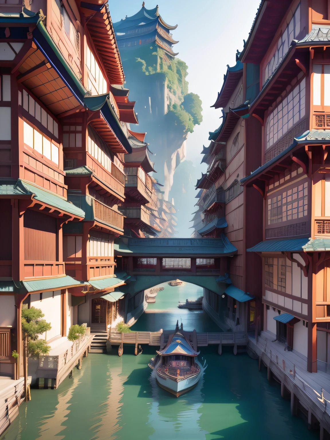 清明上河图，horizontal layout, high resolution, best quality, ultra-detailed, dynamic angle, floating, bustling cityscape, intricate details, historical architecture, flowing river, vivid colors, volumetric lighting, crowded boats and bridges, rich cultural background.