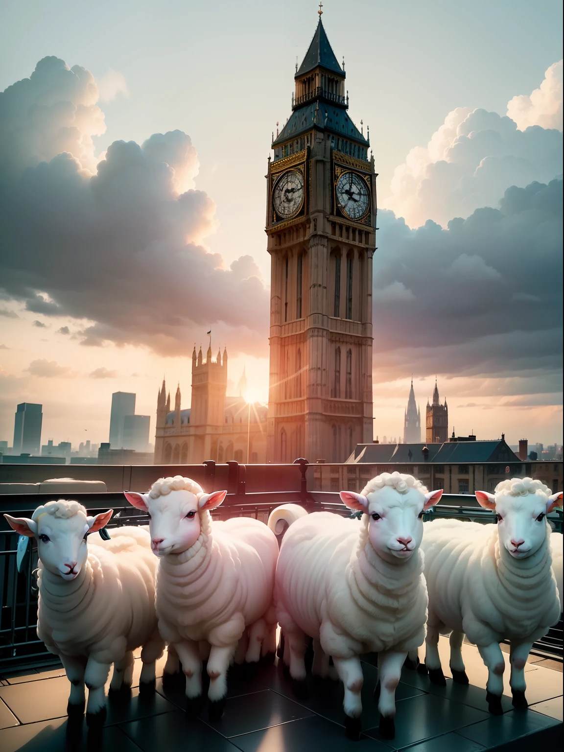 A large herd of lambs standing on top of a tall building in the middle of London city looking around curiously, (((wide shot))), sunset in background, skyscrapers, Big Ben, London bridge, (((London skyline))), buildings, city skyline, vibrant sky, (((subject: large herd of lambs standing on roof top of tall building))), cinematic, hyper realistic photo, 8k render, curious animals, overcast, (((herd of lambs))), rainbow in sky, snowfall, candid photo, English, city life, top view shot, numerous lambs