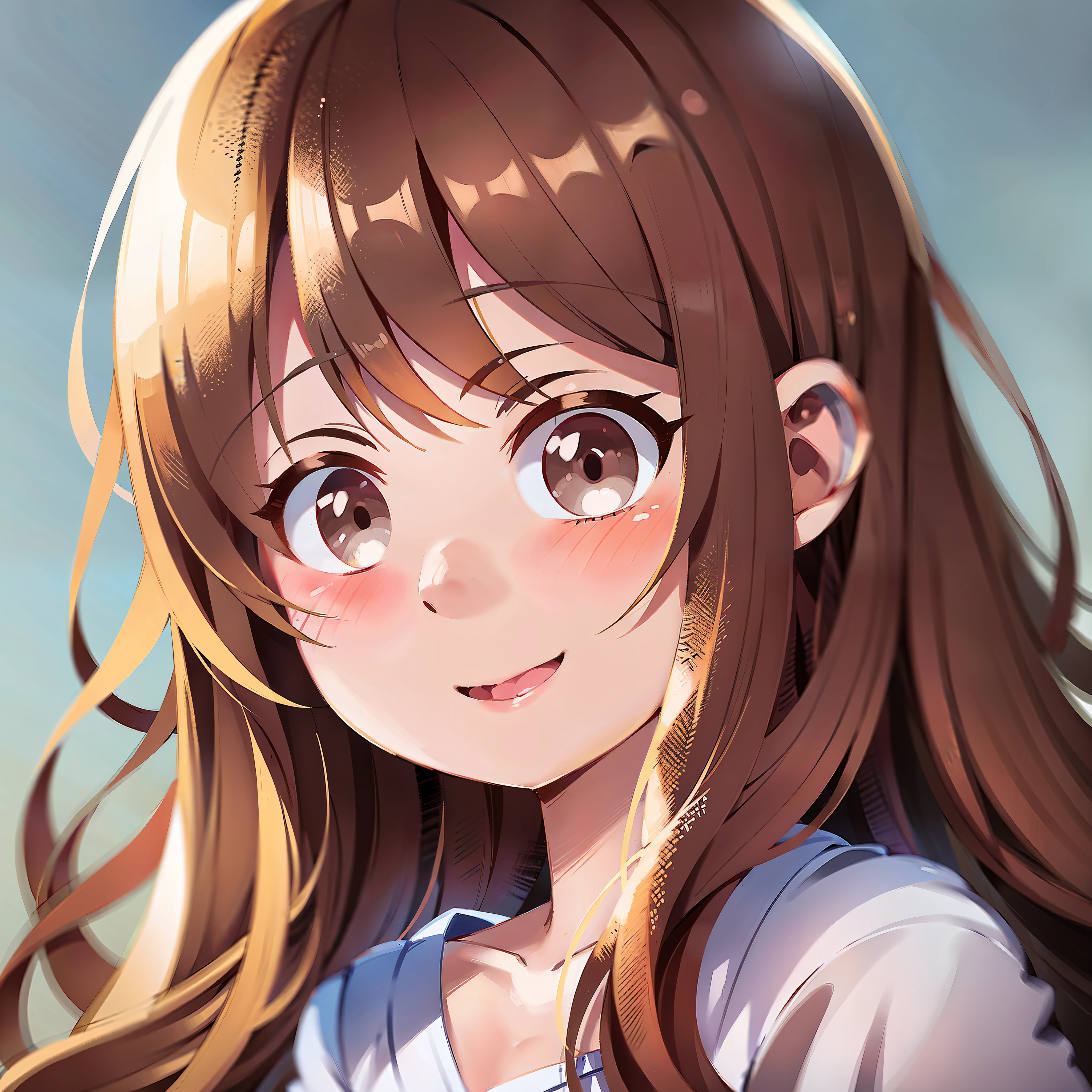 cute anime little girl, portrait from chest up, closed lip smile, rosy cheeks, big bright shiny eyes, slightly wavy hair, 4 years old, soft lighting, simple background, high resolution