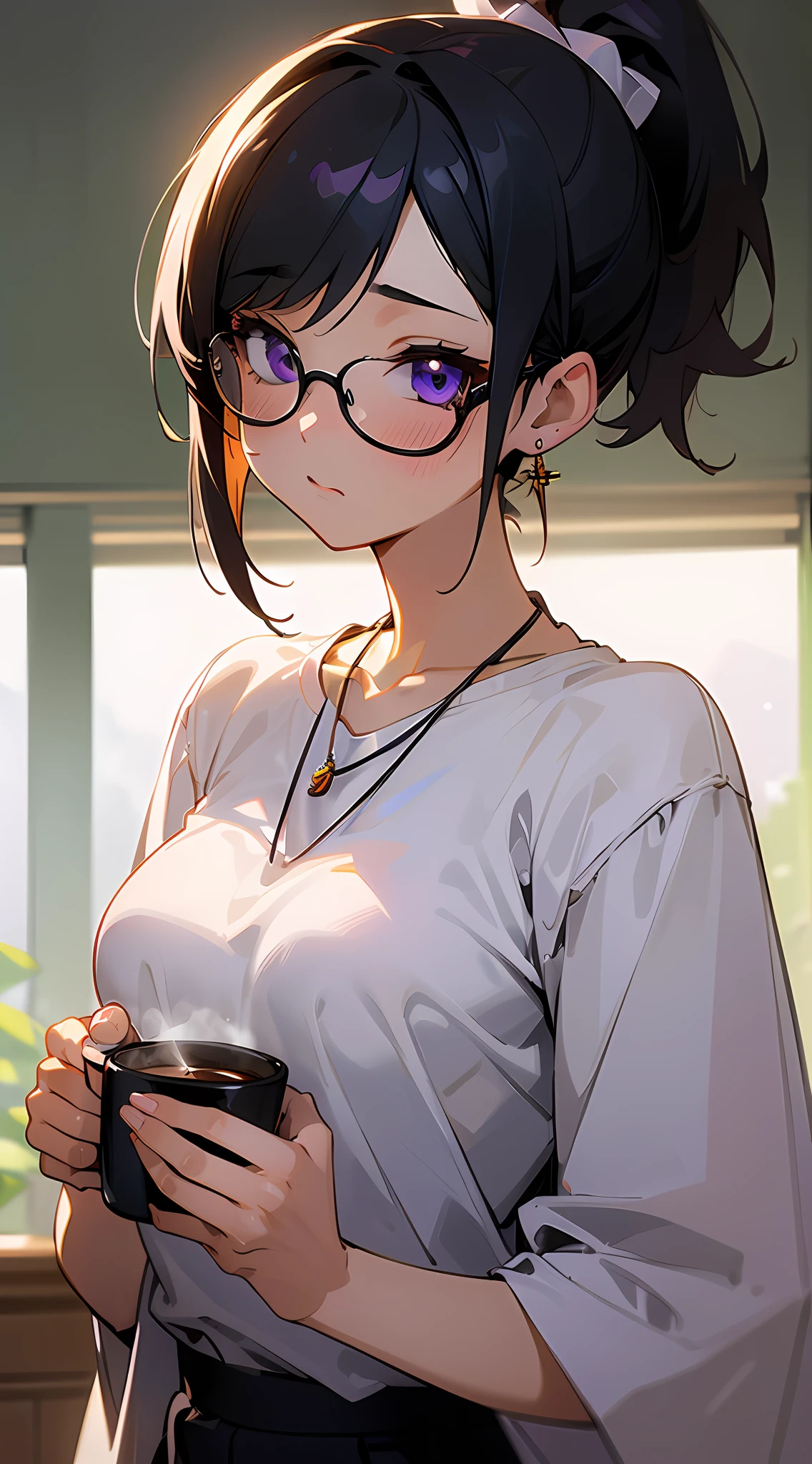 ((masutepiece)), ((Best Quality)), (Ultra-detailed), ((kawaii)), Cute, (lovely), ((Extremely detailed)), 4K, (8K), Best Quality, (Beautiful), Anime style, Office, morning, Cute little girl s, 1girl in, Solo, Suit, Beautiful black hair, Beautiful purple eyes, ((Beautiful eyes)), White-skinned, Short hair, Ponytail, large full breasts, Glasses, earrings, Necklace, cup, Coffee, Troubled expression, blush, Lens Flare、