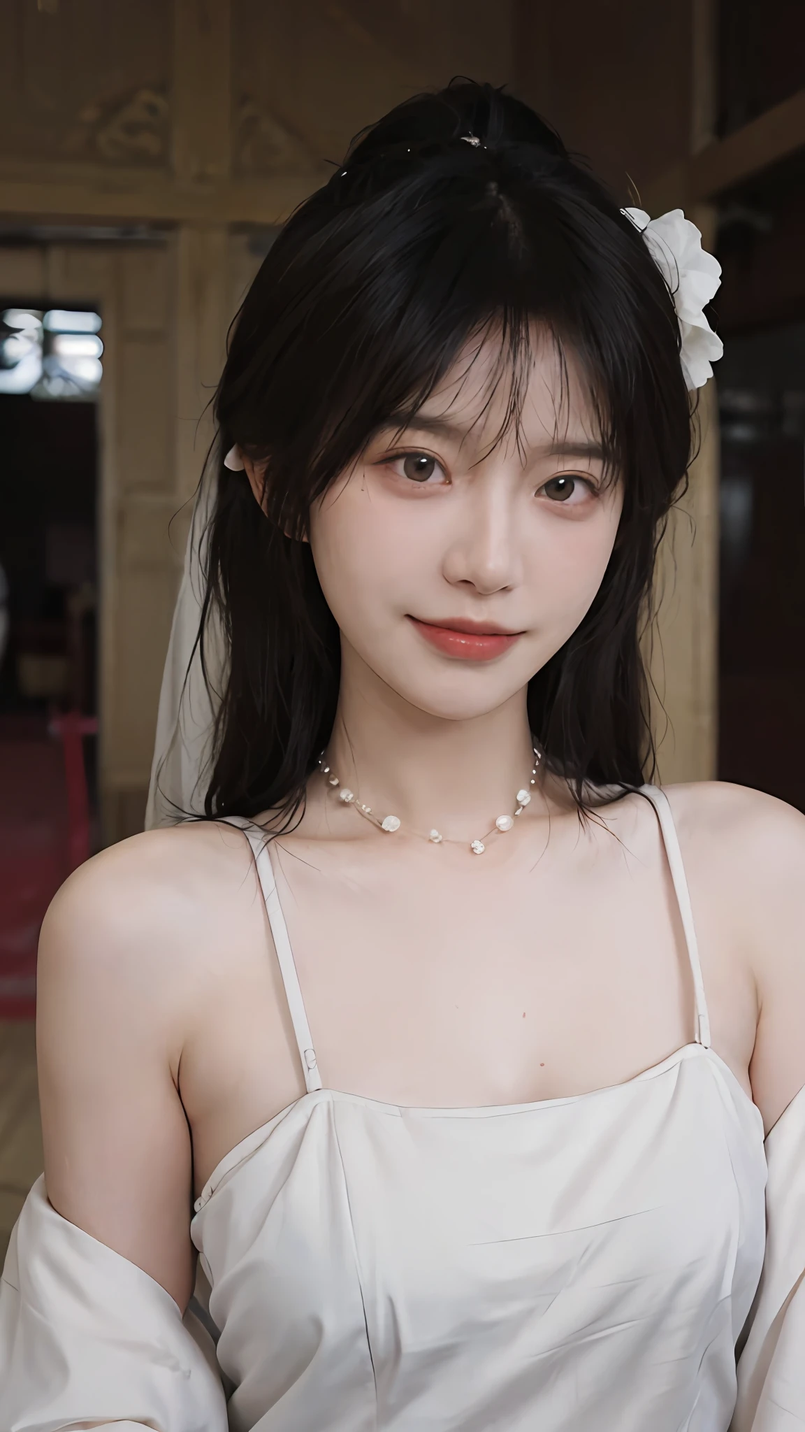 best qualtiy， 超高分辨率， （realisticlying：1.4），cute hairpin，Baoyu Girl，Stand in the wedding hall，（flatchest：1.2） ，A pair of clear and moving peach blossom eyes,Royal Sister，sunshine on face，Big wavy hairstyle，（choker necklace：1.2），（Fair skin：1.4），a sense of atmosphere，a beauty girl， ssmile，head straight-looking at viewer， closeup cleavage ，(Photorealistic:1.4),1girll,Sexy,(Upper body:1.4),(Wet body),(:1.2)