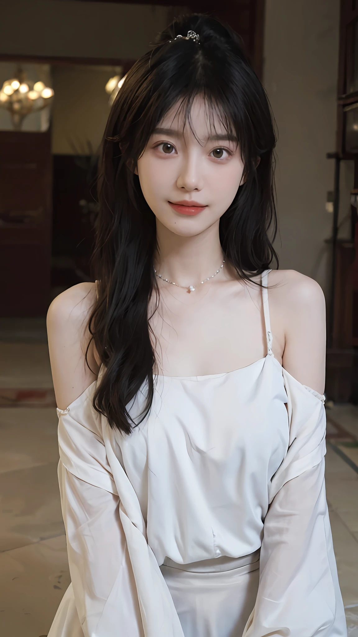 best qualtiy， 超高分辨率， （realisticlying：1.4），cute hairpin，Baoyu Girl，Stand in the wedding hall，（flatchest：1.2） ，A pair of clear and moving peach blossom eyes,Royal Sister，sunshine on face，Big wavy hairstyle，（choker necklace：1.2），（Fair skin：1.4），a sense of atmosphere，a beauty girl， ssmile，head straight-looking at viewer， closeup cleavage ，(Photorealistic:1.4),1girll,Sexy,(Upper body:1.4),(Wet body),(:1.2)