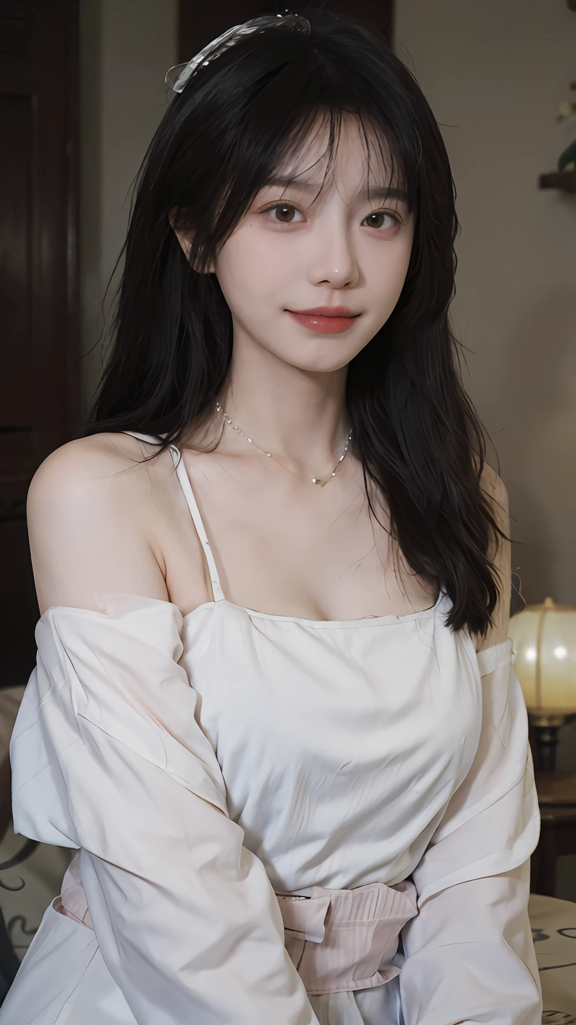 best qualtiy, 超高分辨率, (realisticlying:1.4),cute hairpin,Baoyu Girl,Stand in the wedding hall,(flatchest:1.2) ,A pair of clear and moving peach blossom eyes,Royal Sister,sunshine on face,Big wavy hairstyle,(choker necklace:1.2),(Fair skin:1.4),a sense of atmosphere,a beauty girl, ssmile,head straight-looking at viewer, closeup cleavage ,(Photorealistic:1.4),1girll,Sexy,(Upper body:1.4),(Wet body),(:1.2)