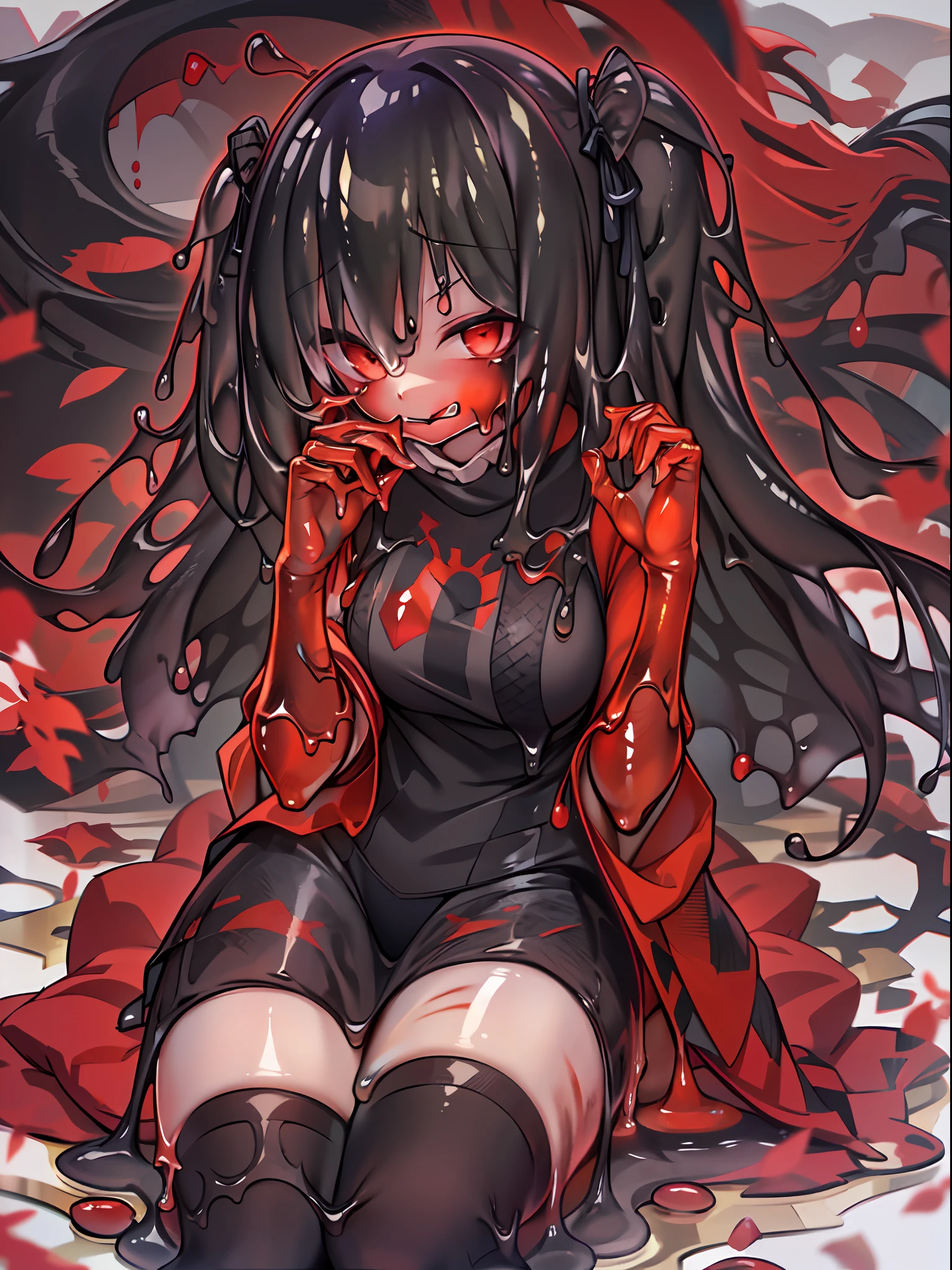 anime, young girl, detailed body, thigh up, girl coated in thick layer of goo, shown tongue, slimy tongue, black body color, black skin, (shadow cast on eyes, darkened eyes, red eyes) , (smirk, evilish smile, mischevious smile) , (very long hair, black hair, fancy haircut) , (hands covered in red slime, red hands, red colored arms), girl is wearing red stockings, solo, covered in goo, sitting on cushion,