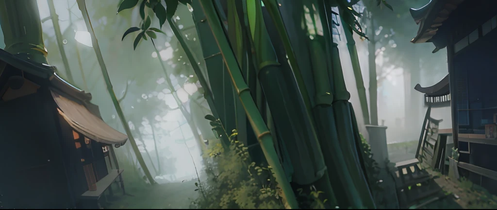 bamboo in the middle, Japanese ancient wooden house next to it, bamboo forest. high detail digital painting, soft digital painting, speed painting, speedpainting, detailed digital painting, atmospheric. digital painting, hard light digital painting, ultra detail. digital painting, low detailed. digital painting, speedpaint, sharp digital painting, a digital painting, very detailed digital painting