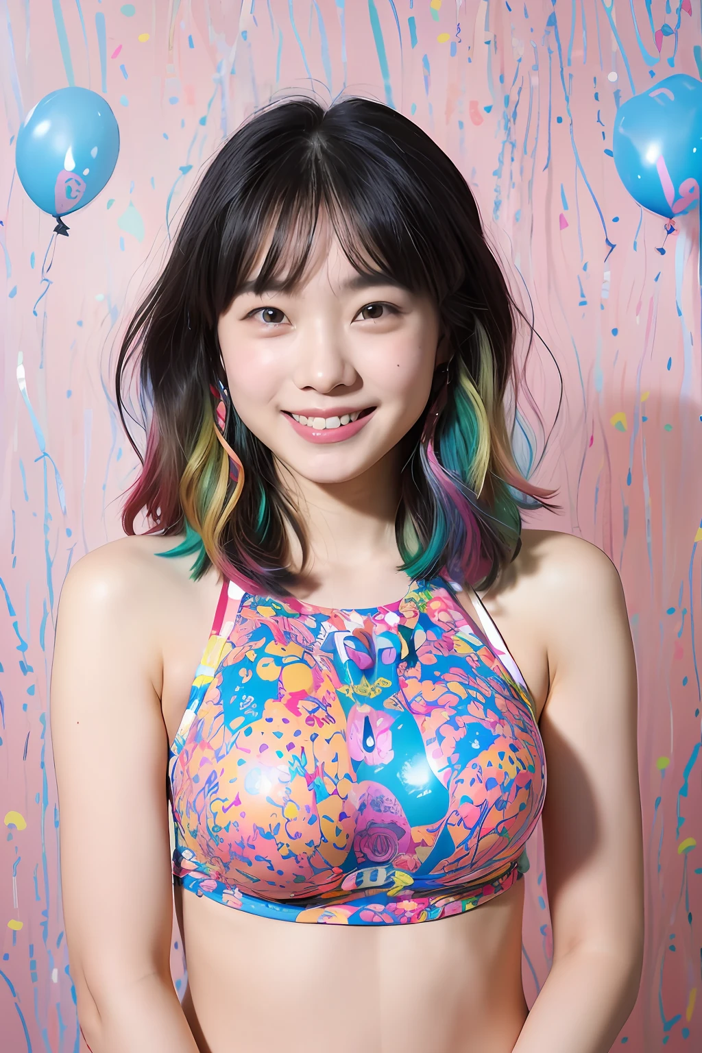 (extra detailed body、extra detailed face、best qualtiy:1.2)、femele、looking at the viewers、(Marbling print bikini、kawaii、sixteen years old、a smile)、(Lots of colorful balloons on the background:1.4)