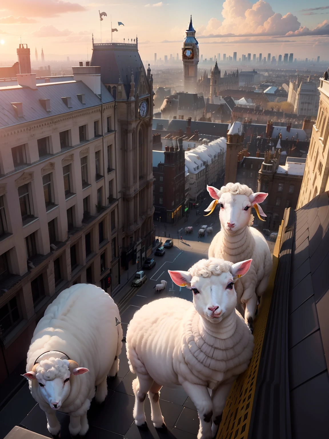 A large herd of lambs standing on top of a tall building in the middle of London city looking around curiously, (((wide shot))), sunset in background, skyscrapers, Big Ben, London bridge, (((London skyline))), buildings, city skyline, vibrant sky, (((subject: large herd of lambs standing on roof top of tall building))), cinematic, hyper realistic photo, 8k render, curious animals, overcast, (((herd of lambs))), rainbow in sky, snowfall, candid photo, English, city life, top view shot, numerous lambs