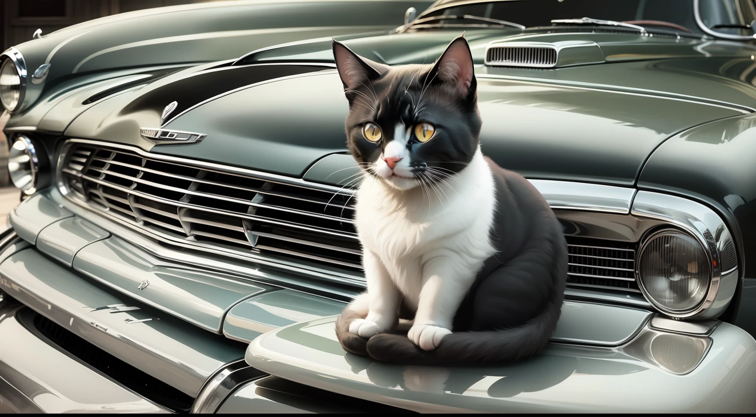 A black & white cat sits on the front hood of a beautiful car from the 80s, the car is seen from the front, beautiful grille, Airbrush painting