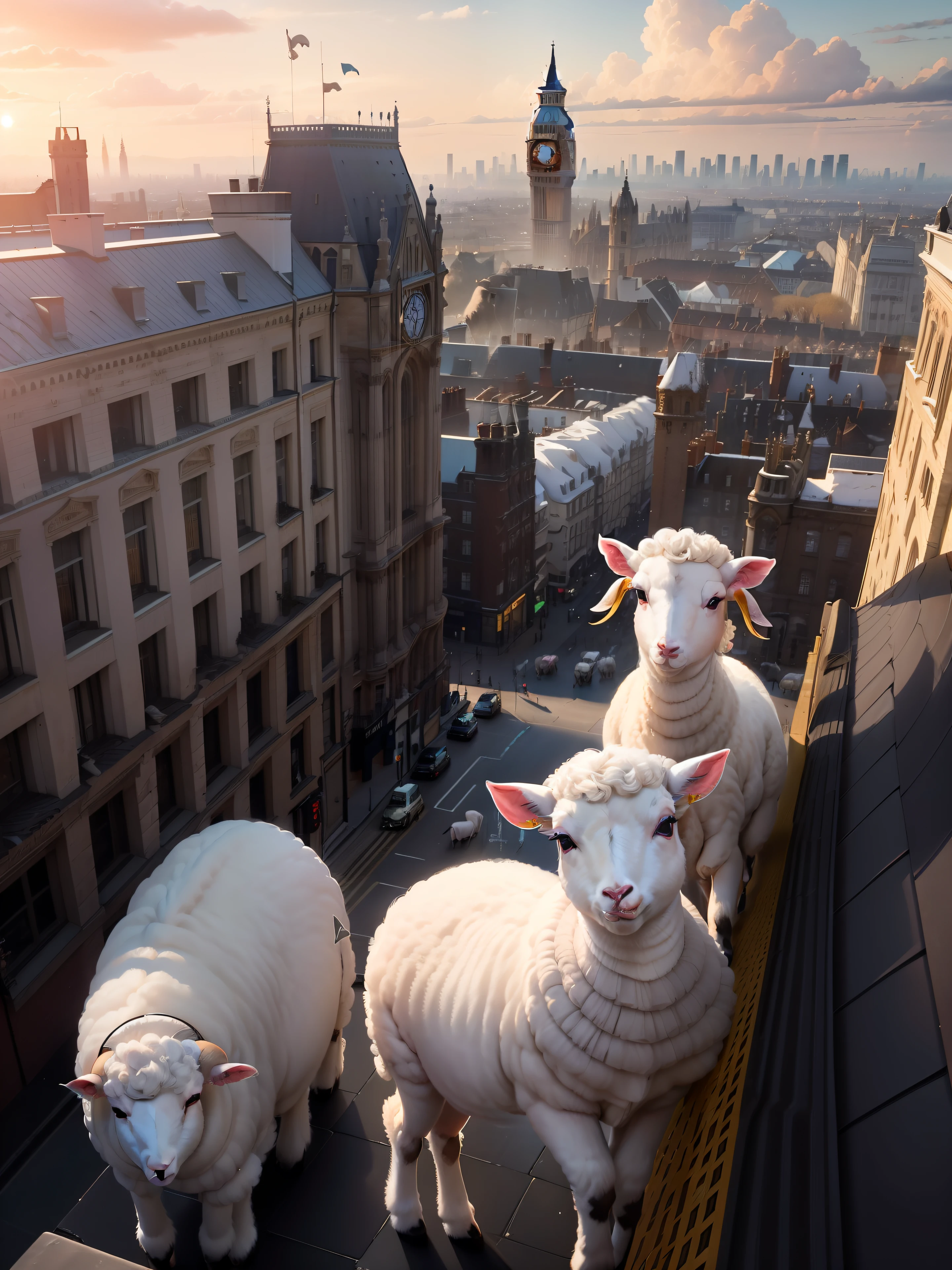 A large herd of lambs standing on top of a tall building in the middle of London city looking around curiously, (((wide shot))), sunset in background, skyscrapers, Big Ben, London bridge, (((London skyline))), buildings, city skyline, vibrant sky, (((subject: large herd of lambs standing on roof top of tall building))), cinematic, hyper realistic photo, 8k render, curious animals, overcast, (((herd of lambs))), rainbow in sky, snowfall, candid photo, English, city life, top view shot, numerous lambs