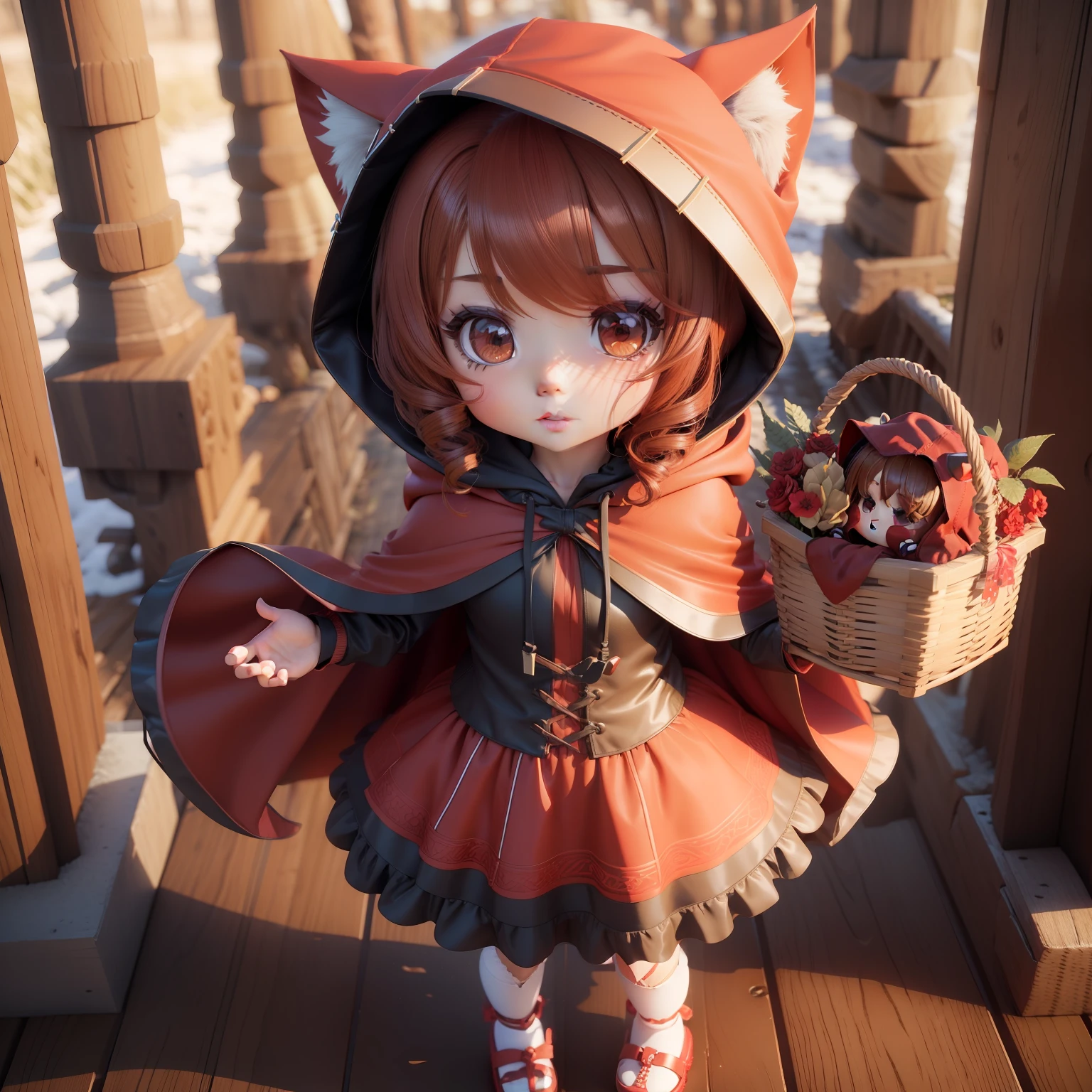 (((chibi 3d)))Cute and beautiful chibi anime,Brown color wave hairstyle,(((Hooded cape in red color))), Red and white Lolita fashion,Have a wicker basket,Deep forest, And 🐺