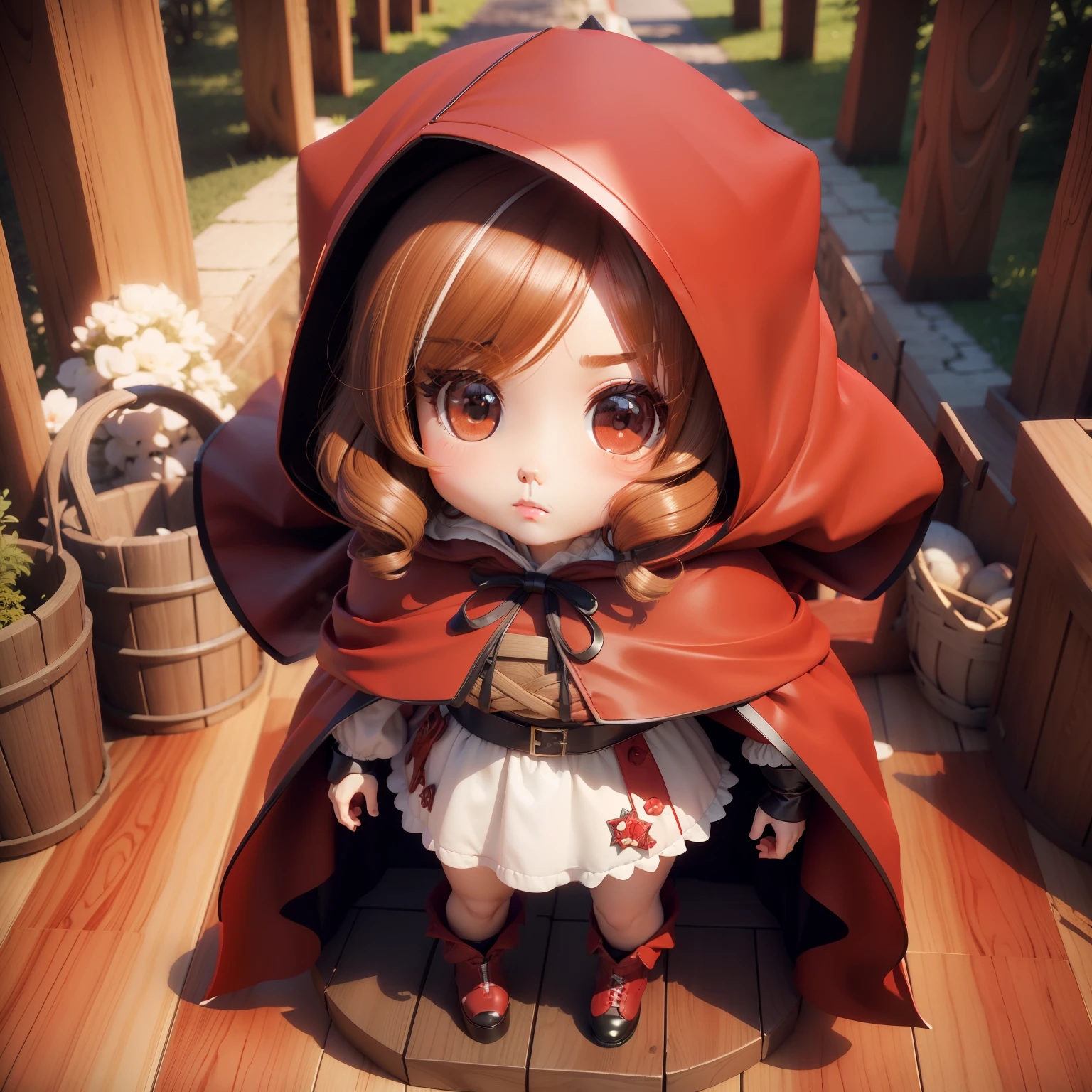 (((chibi 3d)))Cute and beautiful chibi anime,Brown color wave hairstyle,(((Hooded cape in red color))), Red and white Lolita fashion,Have a wicker basket,Deep forest, And 🐺