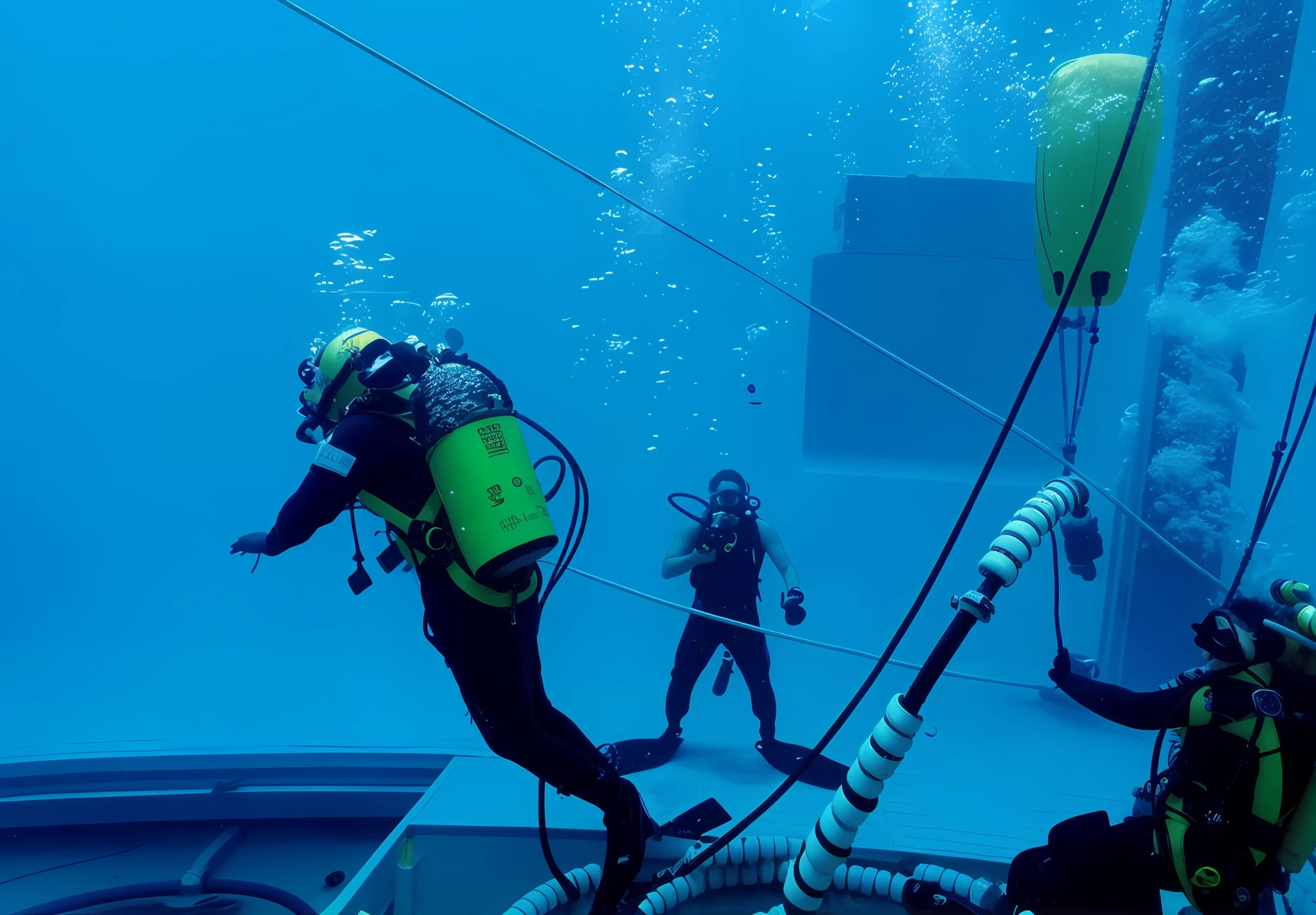 Diver underwater with big tank and rope, Underwater Deep Sea Laboratory, suspended underwater, Incredible depth, tome, Deep Sea Diver, abyssal, Divers are under water, The sense of depth is amazing., amazing depth, Diving suit, Zero G, under the water, Michael, Divers are under the sea, Underwater ink environment, Behind-the-scenes dive