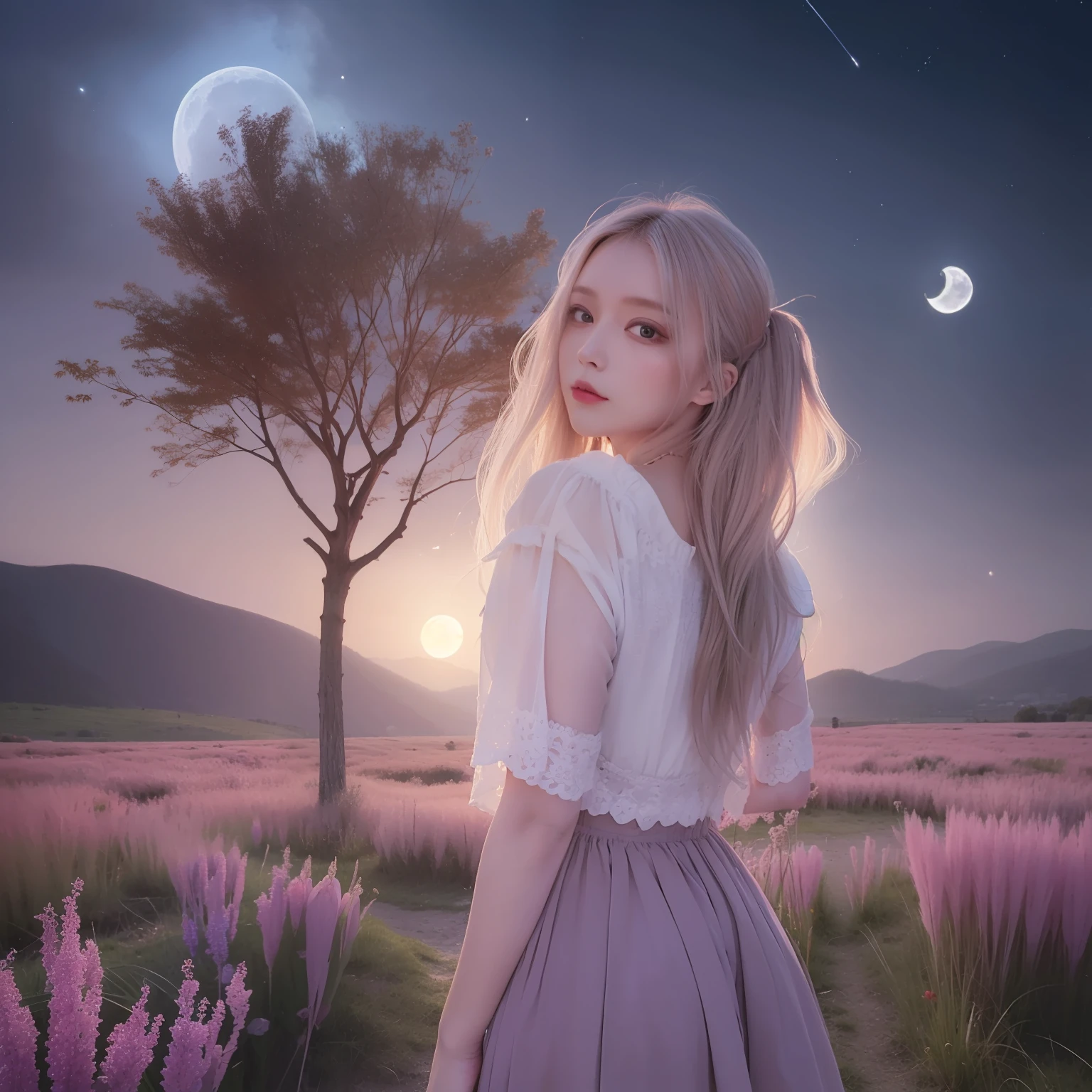 Expansive landscape photograph, (view from below with a view of the sky and the wilderness below), little girl standing in a flower field looking up, (full moon: 1.2), (shooting star: 0.9), (nebula: 1.3), distant mountain, tree break production art, (warm light source: 1.2), (firefly: 1.2), lamp, purple and orange, intricate detail, volume lighting BREAK (masterpiece: 1.2), (highest quality ), 4k, ultra-detailed, (dynamic configuration: 1.4), highly detailed and colorful details (iridescent: 1.2), (sparkling lighting, atmospheric lighting), dreamy, magical, (solo: 1.2)