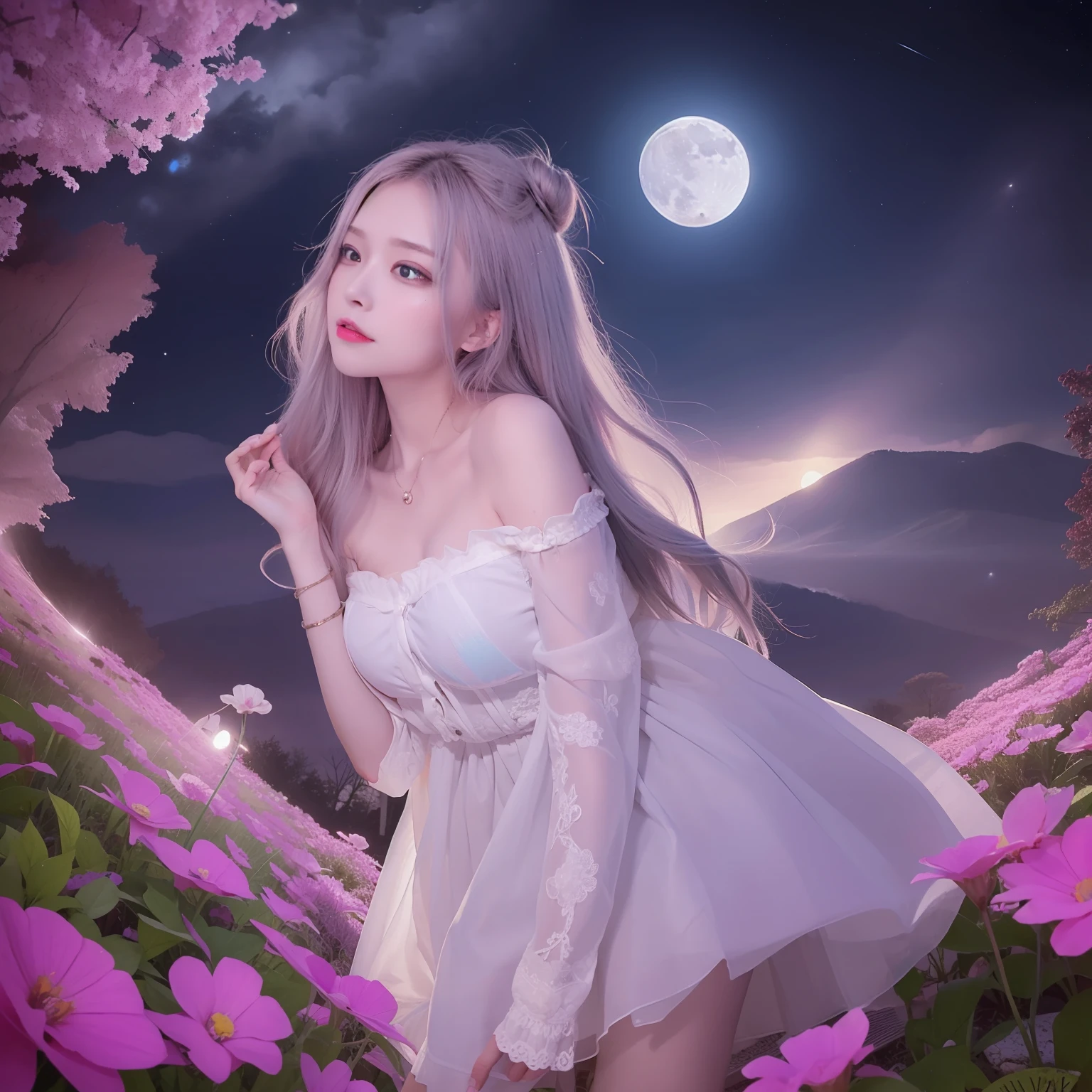 Expansive landscape photograph, (view from below with a view of the sky and the wilderness below),  girl standing in a flower field looking up, (full moon: 1.2), (shooting star: 0.9), (nebula: 1.3), distant mountain, tree break production art, (warm light source: 1.2), (firefly: 1.2), lamp, purple and orange, intricate detail, volume lighting BREAK (masterpiece: 1.2), (highest quality ), 4k, ultra-detailed, (dynamic configuration: 1.4), highly detailed and colorful details (iridescent: 1.2), (sparkling lighting, atmospheric lighting), dreamy, magical, (solo: 1.2)