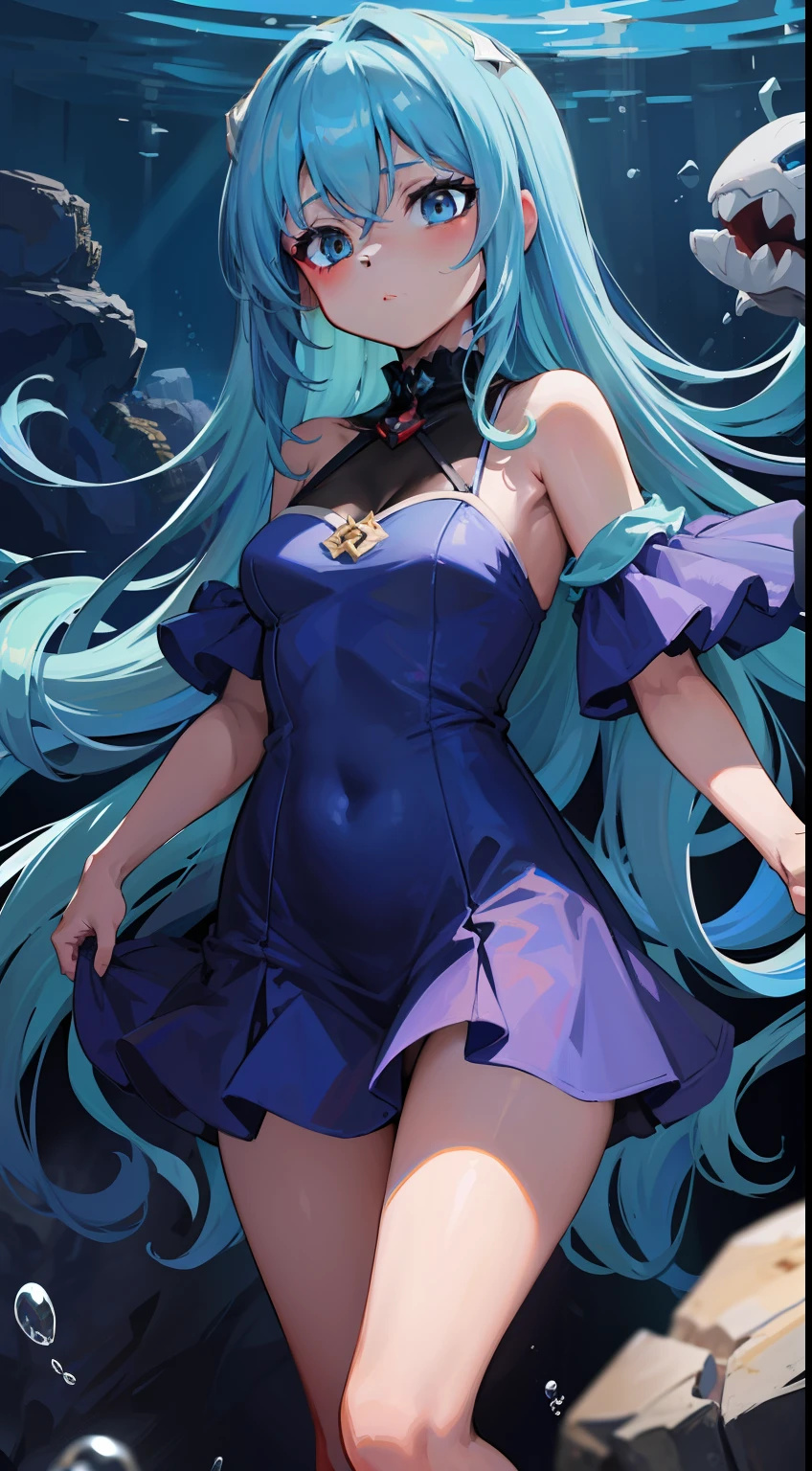 (underdeepsea images) (masterpiece,best quality,ultra detailed) 、In the sea、summer、1girl、lghit blue hair、long hair、banya、swimsuit dress、