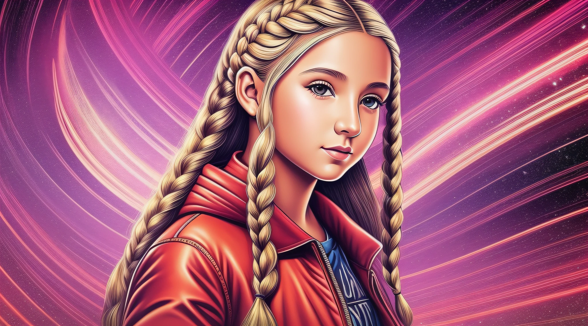 Girl child 10 years old, Russian blonde in braids, com roupa de jaqueta de couro vermelha, Estilo retrato, fundo preto e vermelho, uma bola de disco prateada com um reflexo de espelho sobre ela, bola de discoteca, bola de discoteca no fundo, prata brilhante, arte digital.