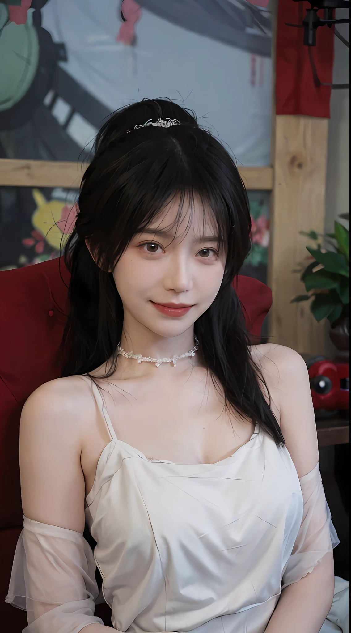 best qualtiy, 超高分辨率, (realisticlying:1.4),cute hairpin,Baoyu Girl,Stand in the wedding hall,Blushlush,Wearing a red wedding dress,(flatchest:1.1) ,A pair of clear and moving peach blossom eyes,Royal Sister,sunshine on face,Ponytail hairstyle,(choker necklace:1.2),(Fair skin:1.4),a sense of atmosphere,a beauty girl, Charming smile,head straight-looking at viewer, closeup cleavage ,(Photorealistic:1.4),Sexy,(Upper body:1.4),(Wet body),(:1.2)
