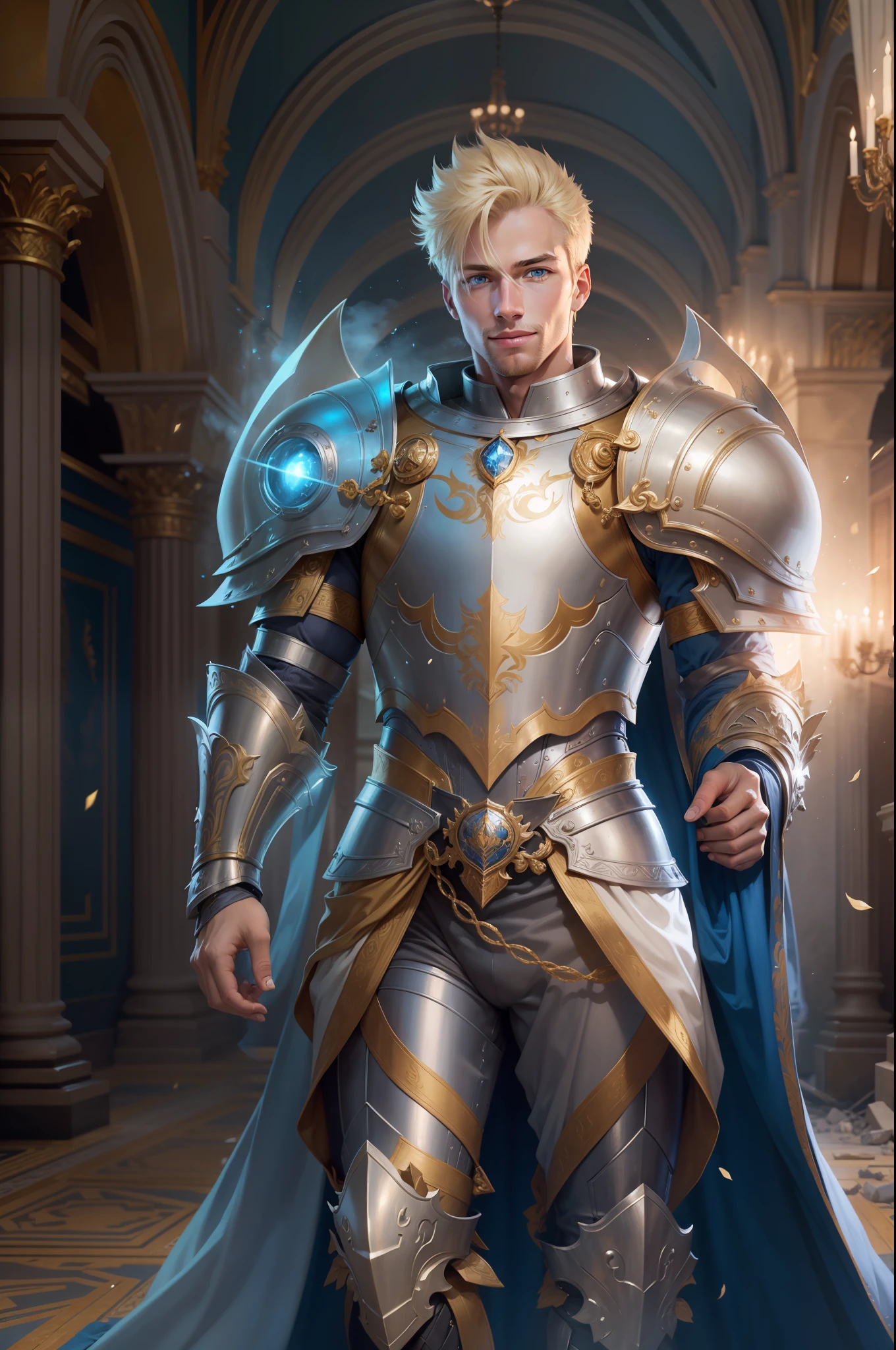realistic image of a blond man with short hair, 30 years old, tall, strong, extremely detailed blue eyes, with a confident smile, dressed in a silver armor torso and with golden shoulder pads, standing conjuring a blue aura around of the body in a hall of a totally destroyed royal palace