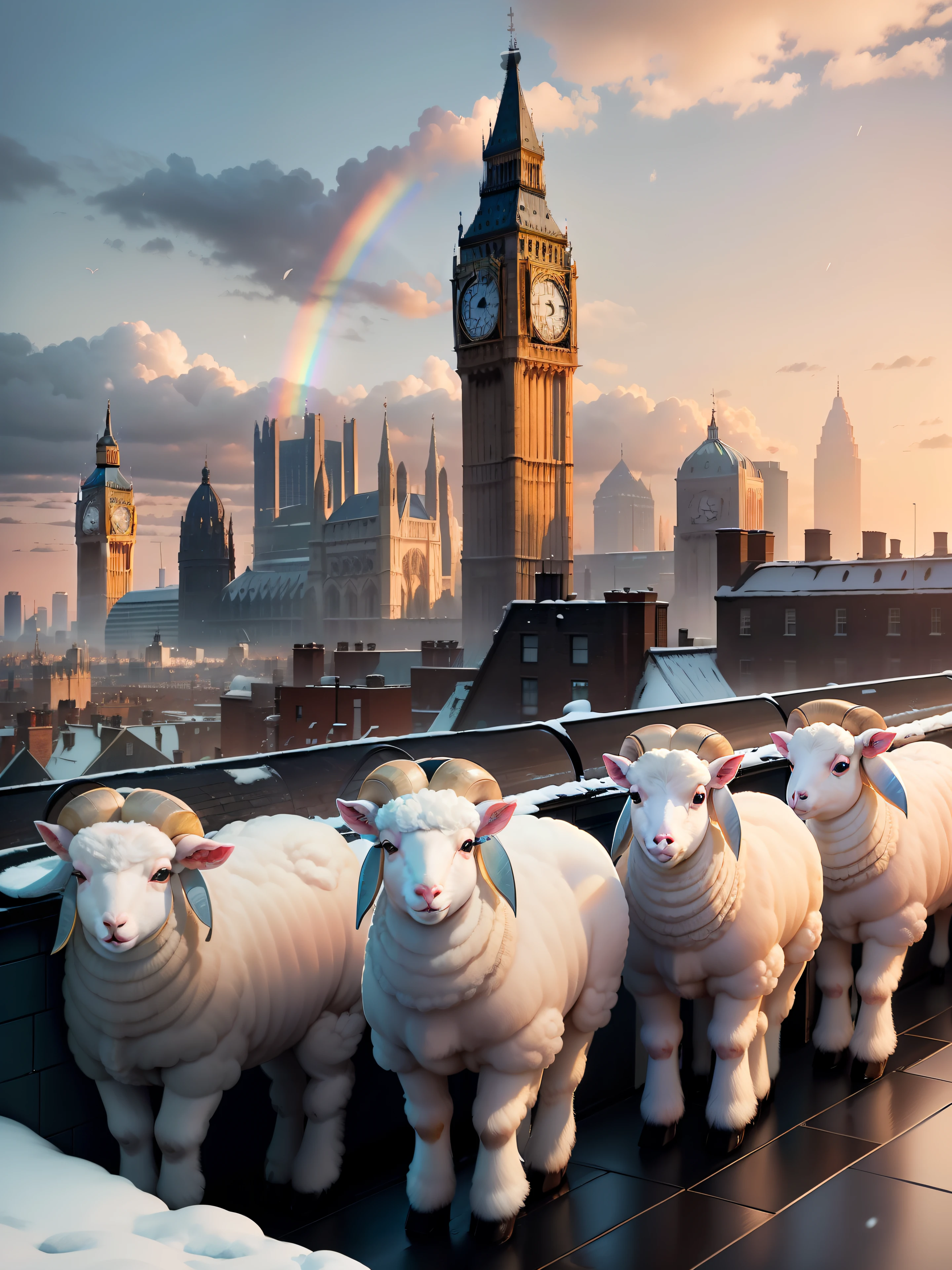 A large herd of lambs standing on top of a tall building in the middle of London city looking around curiously, (((wide shot))), sunset in background, skyscrapers, Big Ben, London bridge, (((London skyline))), buildings, city skyline, vibrant sky, (((subject: large herd of lambs standing on roof top of tall building))), cinematic, hyper realistic photo, 8k render, curious animals, overcast, (((herd of lambs))), rainbow in sky, snowfall, candid photo, English, city life, top view shot, numerous lambs