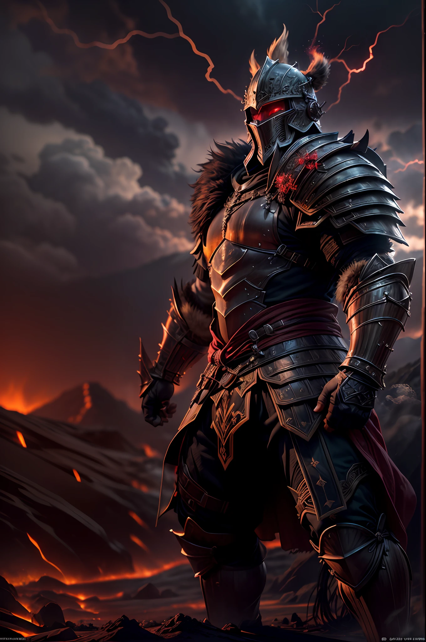 (masterpiece, high resolution, CGI:1.4), (CGI rendering of a medieval warrior dressed in full Berserker armor, inspired by the manga "Berserk":1.2), (Sony Alpha 1 camera, renowned for capturing exceptional detail in CGI:1.2), (paired with the Sony FE 24-70mm f/2.8 GM lens for a dynamic and striking composition:1.2), (the warrior clad in a formidable Berserker armor, exuding strength and power:1.1), (his helmet featuring intense red glowing lights in the eye openings, emanating an aura of danger:1.2), (Sony Alpha 1 camera capturing the intricate details of the Berserker armor and the fiery landscape:1.2), (the warrior's eyes hidden behind the glowing red light, adding to the air of mystery:1.2), (his grip firm on the hilt of a large black sword, ready for battle:1.1), (the sword adorned with intricate engravings, hinting at its storied past:1.1), (standing on a desolate volcanic terrain, with lava flows and billowing smoke in the backdrop:1.1), (the fiery landscape reflecting the warrior's fierce and unyielding nature:1.1), (a sense of desolation and determination evident in the warrior's stance:1.1), (the CGI rendering creating a larger-than-life presence for the Berserker warrior:1.1), (an image that captures the essence of a mighty and fearsome medieval warrior in a harsh and unforgiving environment:1.1), (the high-resolution CGI ensuring every detail, from the warrior's armor to the volcanic landscape, is meticulously portrayed:1.1), Cinematic, Hyper-detailed, insane details, Beautifully color graded, Unreal Engine, DOF, Super-Resolution, Megapixel, Cinematic Lightning, Anti-Aliasing, FKAA, TXAA, RTX, SSAO, Post Processing, Post Production, Tone Mapping, CGI, VFX, SFX, Insanely detailed and intricate, Hyper maximalist, Hyper realistic, Volumetric, Photorealistic, ultra photoreal, ultra-detailed, intricate details, 8K, Super detailed, Full color, Volumetric lightning, HDR, Realistic, Unreal Engine, 16K, Sharp focus, Octane render