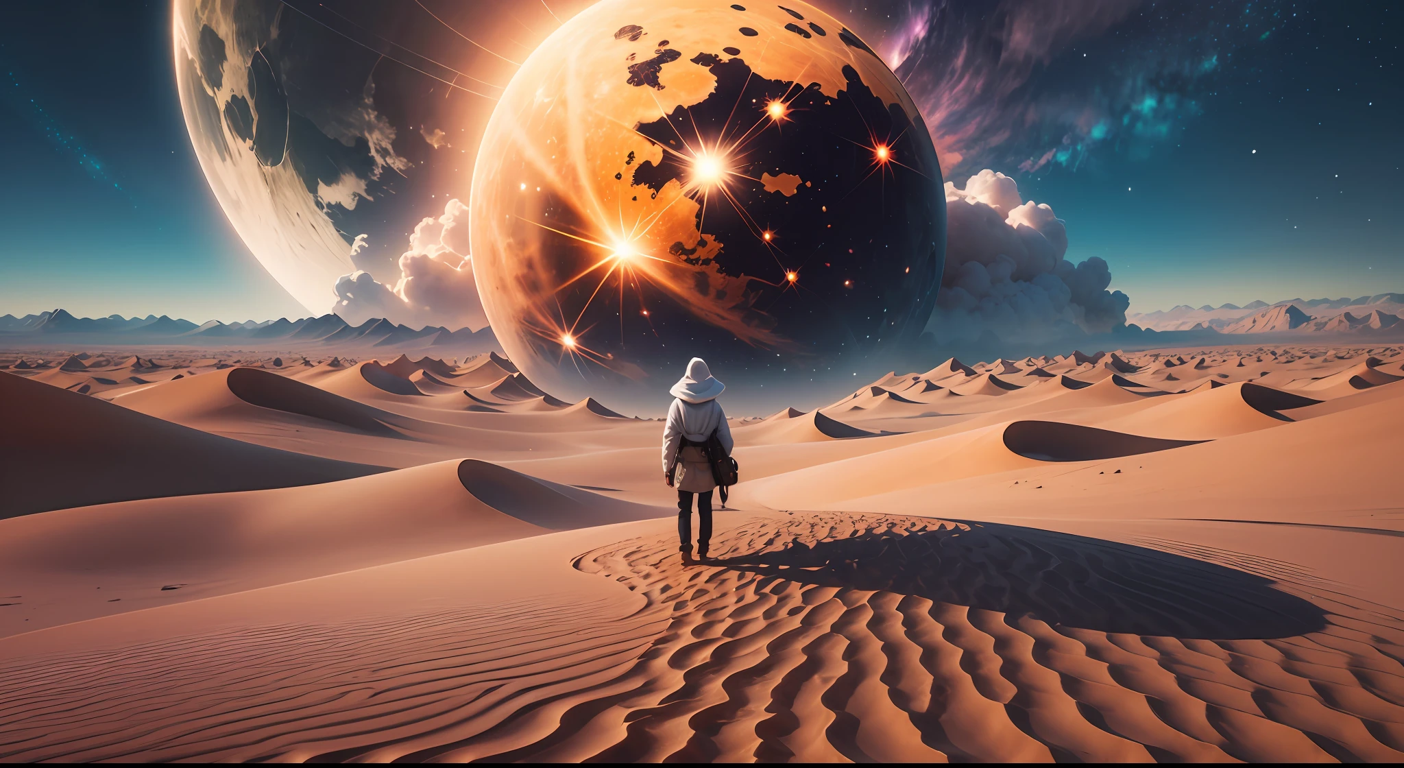 an otherworldly being wandering in a barren desert. in the sky above, There are two bright suns, criando uma paisagem fascinante. A imagem deve ser em Full HD, 3D, 4K, ultra realista e repleta de detalhes impressionantes. --auto --s2