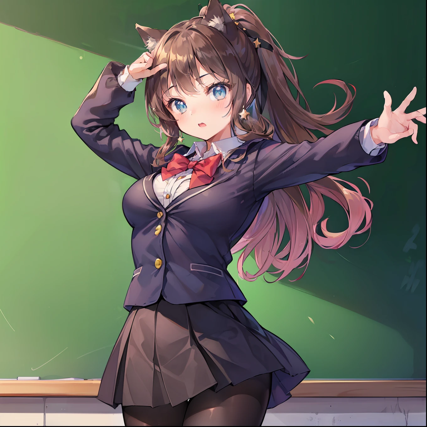 (Highly detailed CG Unity 8k wallpaper), (Best Quality), (Super Detail), (Best Illustration), (Best Shadow), POV, Realistic lighting and shading, Natural light, Lens flare effect, BREAK,(Cute: 1.5), (Chibi: 0.8), (kawaii: 1.5), (Lori: 0.8), ((12 year old girl) , Very detailed, Colorful, Highest detail,BREAK, 1 beautiful girl, (Cute: 1. 5), (Chibi: 0.8), (kawaii: 1.5), (Lori: 0.5), ((17 years old girl) BREAK, (Big Tits: 1 . 2,), Clear skin, Beautiful skin, Shy, 1 beautiful girl, Brown hair, (Cat ears, High Ponytail, Medium Long Hair: 1. 2), (Light blue eyes, long eyelashes, Double eyelids: 1.2), Shiny skin, BREAK, (Blazer, a bow tie, White shirt, Black mini skirt, Black pantyhose, uniform: 1.2), (star-shaped earring: 1.1), (Moon-shaped hairpiece: 1.0), (Red Nike Sneakers: 1.3), (High tension, Arms outstretched: 1. 1), (Standing, Talking with Friends: 1.3), Upper body, (cowboys) shot, Cleavage emphasis: 1.1), BREAK,(Education Platform, 「Kuroneko Love」Chalkboard with the words, Introducing yourself, Female teacher next door, Attention from all classmates,Arms up.:1.5),(School, crass room, chalk board, Chair, desk work: 1.2),