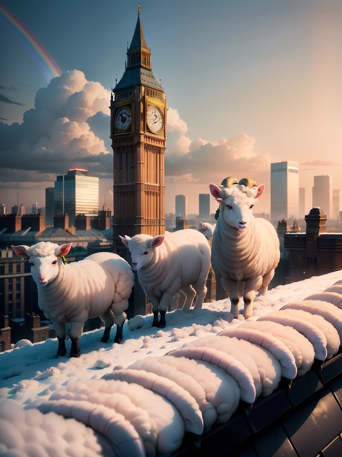 A large herd of lambs standing on top of a tall building in the middle of London city looking around curiously, (((wide shot))), sunset in background, skyscrapers, Big Ben, London bridge, (((London skyline))), buildings, city skyline, vibrant sky, (((subject: large herd of lambs standing on roof top of tall building))), cinematic, hyper realistic photo, 8k render, curious animals, overcast, (((herd of lambs))), rainbow in sky, snowfall, candid photo, English, city life, top view shot, numerous lambs