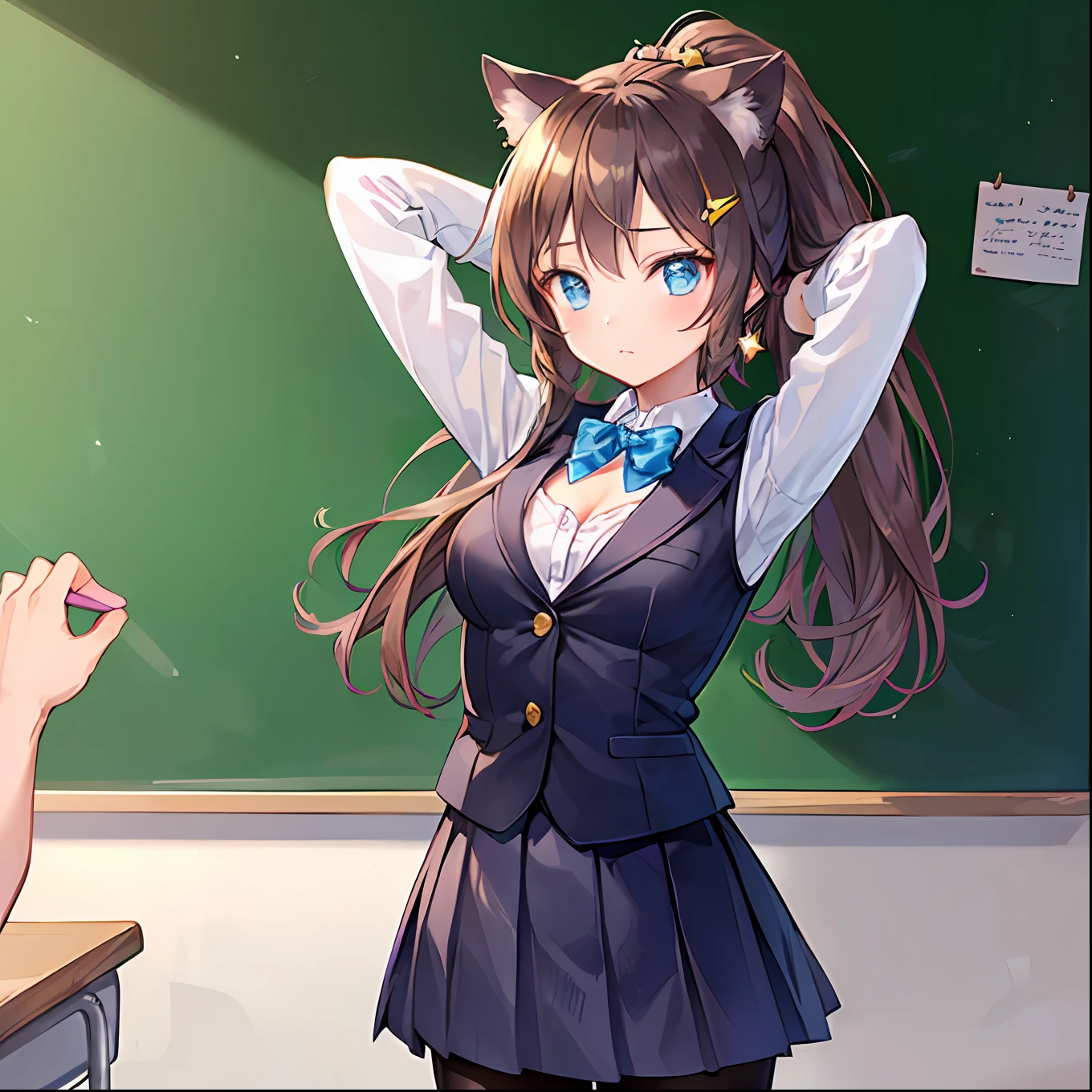 (Highly detailed CG Unity 8k wallpaper), (Best Quality), (Super Detail), (Best Illustration), (Best Shadow), POV, Realistic lighting and shading, Natural light, Lens flare effect, BREAK,(Cute: 1.5), (Chibi: 0.8), (kawaii: 1.5), (Lori: 0.8), (( girl) , Very detailed, Colorful, Highest detail,BREAK, 1 beautiful girl, (Cute: 1. 5), (Chibi: 0.8), (kawaii: 1.5), (Lori: 0.5), ((17 years olK, (Big Tits: 1 . 2,), Clear skin, Beautiful skin, Shy, 1 beautiful girl, Brown hair, (Cat ears, High Ponytail, Medium Long Hair: 1. 2), (Light blue eyes, long eyelashes, Double eyelids: 1.2), Shiny skin, BREAK, (Blazer, a bow tie, White shirt, Black mini skirt, Black pantyhose, uniform: 1.2), (star-shaped earring: 1.1), (Moon-shaped hairpiece: 1.0), (Red Nike Sneakers: 1.3), (High tension, Arms outstretched: 1. 1), (Standing, Talking with Friends: 1.3), Upper body, (cowboys) shot, Cleavage emphasis: 1.1), BREAK,(Education Platform, 「Kuroneko Love」Chalkboard with letters written on it, self-introduction, Female teacher next door, Attention from all classmates,Arms up.:1.5),(School, crass room, chalk board, Chair, desk work: 1.2),