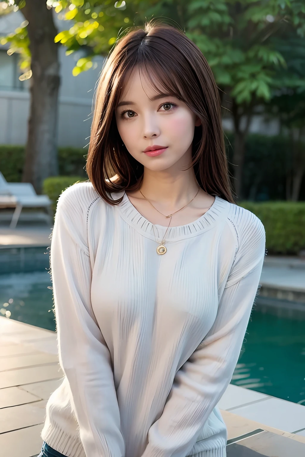 pureerosface_v1, top-quality, Photorealsitic, 8K, hight resolution, 1girl in, a gorgeous, dynamicposes, poolsidebackground, Medium Size Round Breast, Sweaters, see the beholder, medium lenght hair, brown haired