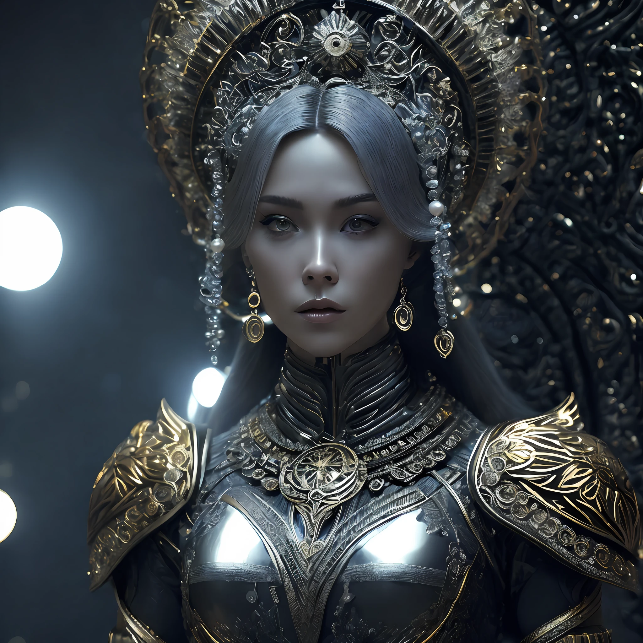 photore，sportrait，Complex 3D rendering of beautiful and charming biomechanical female robot，Has a porcelain finish、simulating、Beautiful natural light、rim-light、150mm lens、an aztec warrior、feater、nipple piercing、Aztec tattoo、flor branca、Vanilla leaves and stems、Meandering roots、white blossoms、Fine-leaved lace、steampunc、Silver-gold filigree detailing、alexander mcqueen haute couture、Pearl earrings、Art Nouveau embroidery、Hexagonal network cable、Mandelbro fractal、face muscles、cable wires、micro Chip、ellegance、Beautiful natural light，Studio lights，rim-light，The is very detailed，ultra-realistic realism，Sharp，rendering by octane,HR Giger style，Volumetriclighting，8 k post production，God floating on fire[The discovery of the wormhole causes the cursed prince of the New World to have to marry the Void]，[sci-fy：fanciful：0.6J movie lighting，detailedbackground，at centre，Michael Bay style，insane detailed，k hd，concept-art，number art，with dynamism，（The most beautiful art in the world：1.2），(Void 3 energy：1.3)