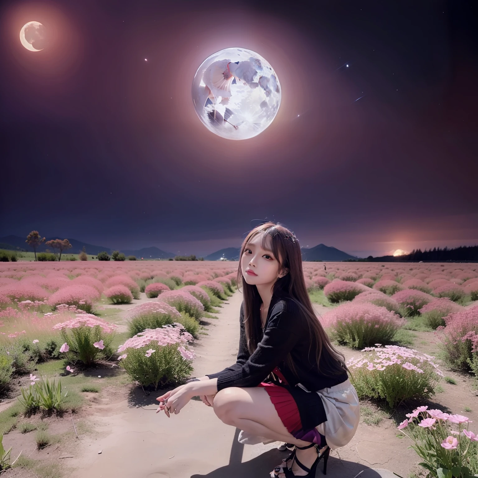 Vast landscape photos、(View from below with a view of the sky and the wilderness below)、Girl standing in a flower field and looking up、(fullmoon:1.2)、(shooting stars:0.9)、(nebulas:1.3)、mountain in the distance、Tree Break Production Art、(Warm color light source:1.2)、(fireflys:1.2)、abajour、Purple and orange、intricate detailes、Volume Lighting BREAK (masterpiece:1.2)、(top-quality)、4K、ultra-detailliert、(The composition of the movement:1.4)、Highly detailed and colorful details(Irridescent color:1.2)、(Glowing lighting、Atmospheric illumination)、dream-like、Magical、(独奏:1.2)、a 18 year old girl、Pleated long skirt、10cm Black High Heels、Heel only red、squatting with your knees、Kuro's long hair、Hair fluttering in the wind、Black knitwear、Spread your hands a little、A black hazy aura comes out of the palm.、