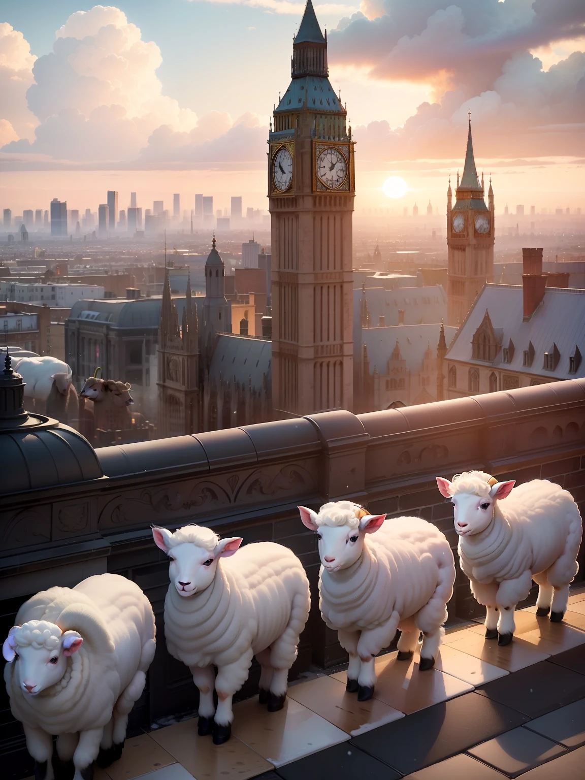 A large herd of lambs standing on top of a tall building in the middle of London city looking around curiously, (((wide shot))), sunset in background, skyscrapers, Big Ben, London bridge, (((London skyline))), buildings, city skyline, vibrant sky, (((subject: large herd of lambs standing on roof top of tall building))), cinematic, hyper realistic photo, 8k render, curious animals, overcast, (((herd of lambs))), rainbow in sky, snowfall, candid photo, English, city life, top view shot, numerous lambs