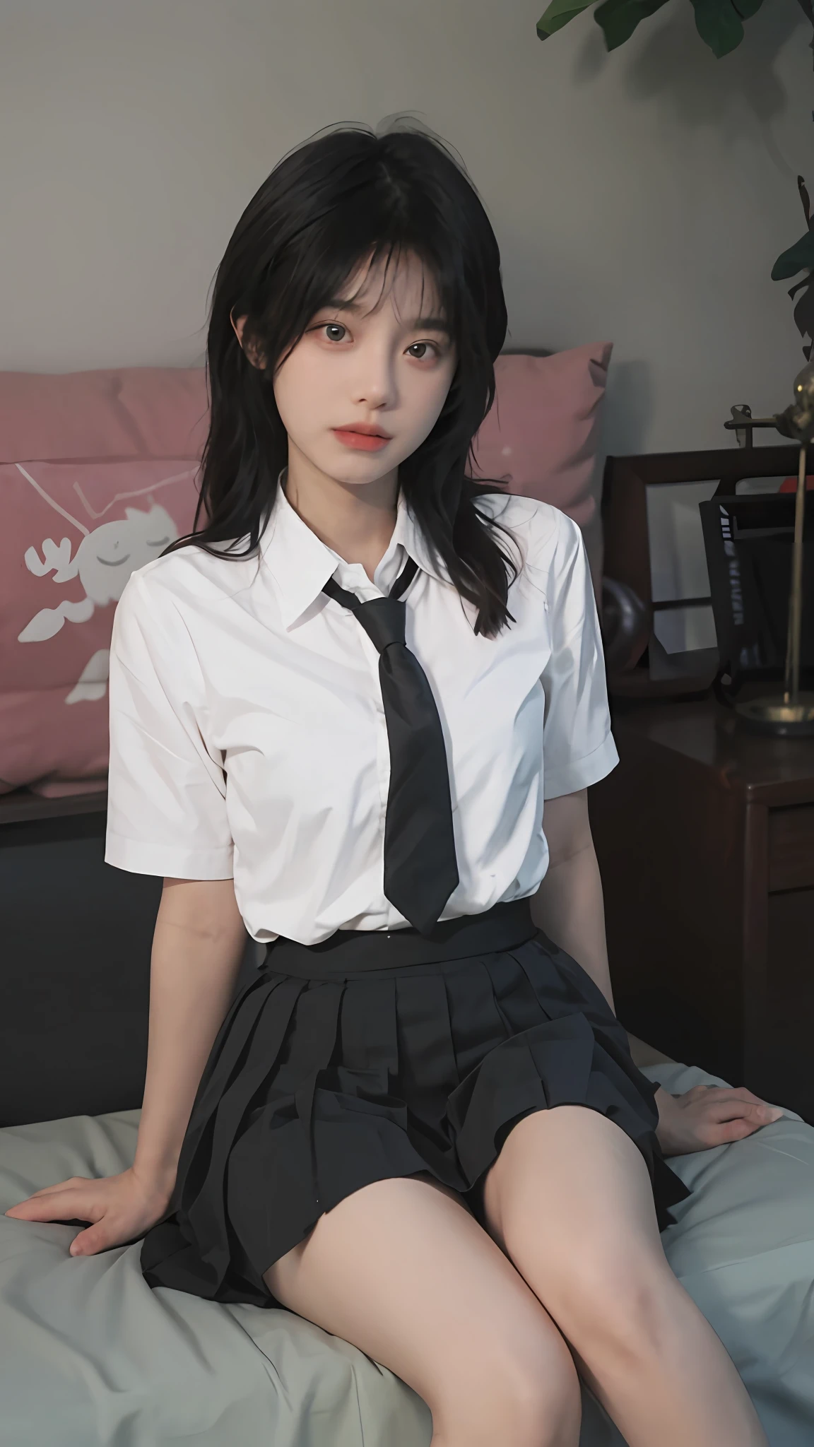 best qualtiy, 超高分辨率, (realisticlying:1.4), 1girll,Pretty woman with slender figure:1.4,White skin,二重まぶた,Delicate eyes,Short black shirt,pink necktie,Pink pleated skirt,Over the knee black silk,Being in the room,sitting on a white bed,Fascinating expectations,Brunette half front half,Half in the back,Pose on the bed in a short skirt and shirt,JK school uniform,short- sleeved
