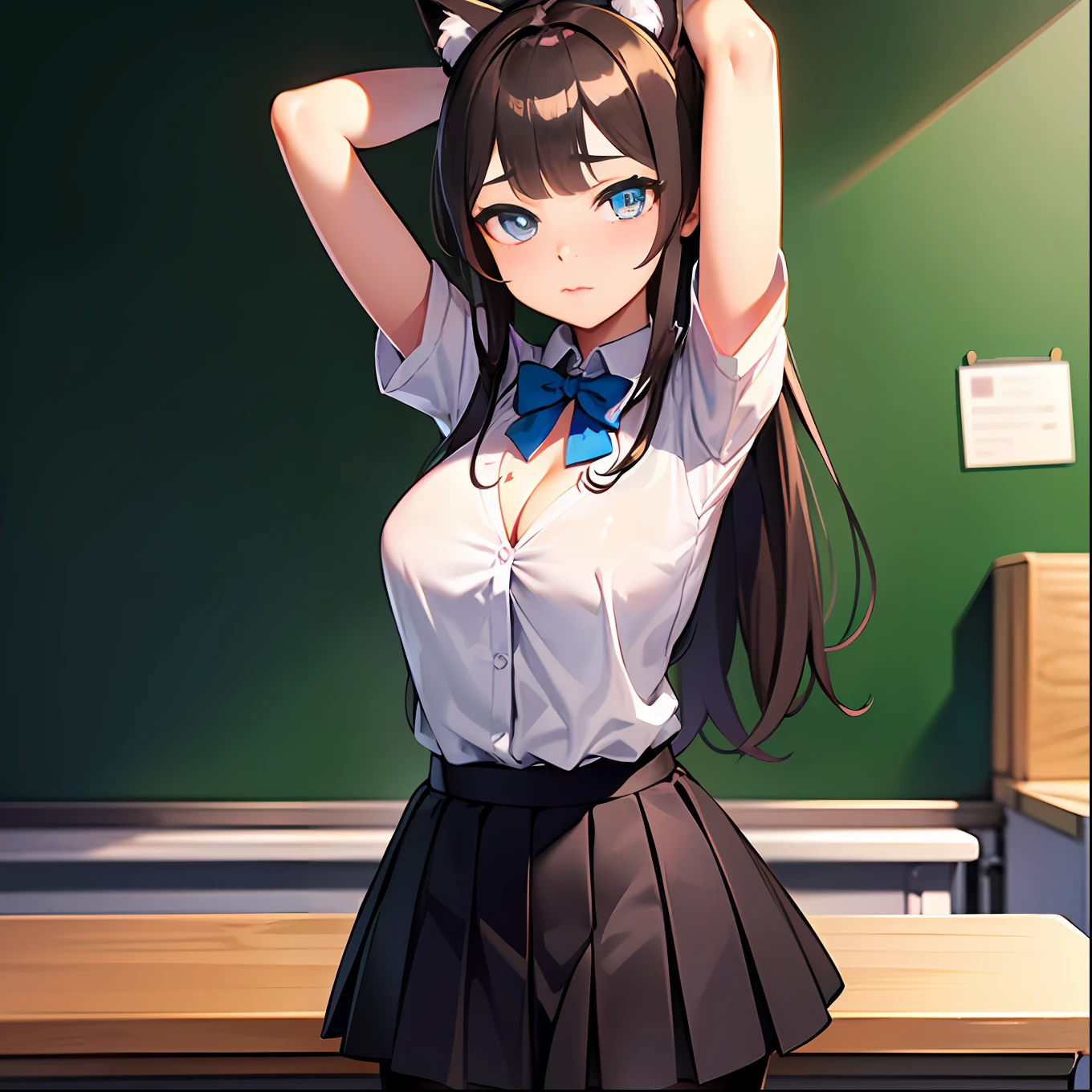 (Highly detailed CG Unity 8k wallpaper), (Best Quality), (Super Detail), (Best Illustration), (Best Shadow), POV, Realistic lighting and shading, Natural light, Lens flare effect, BREAK,(Cute: 1.5), (Chibi: 0.8), (kawaii: 1.5), (Lori: 0.8), ((12 year old girl) , Very detailed, Colorful, Highest detail,BREAK, 1 beautiful girl, (Cute: 1. 5), (Chibi: 0.8), (kawaii: 1.5), (Lori: 0.5), ((17 years old girl) BREAK, (Big Tits: 1 . 2,), Clear skin, Beautiful skin, Shy, 1 beautiful girl, Brown hair, (Cat ears, High Ponytail, Medium Long Hair: 1. 2), (Light blue eyes, long eyelashes, Double eyelids: 1.2), Shiny skin, BREAK, (Blazer, a bow tie, White shirt, Black mini skirt, Black pantyhose, uniform: 1.2), (star-shaped earring: 1.1), (Moon-shaped hairpiece: 1.0), (Red Nike Sneakers: 1.3), (High tension, Arms outstretched: 1. 1), (Standing, Talking with Friends: 1.3), Upper body, (cowboys) shot, Cleavage emphasis: 1.1), BREAK,(Education Platform, 「Kuroneko Love」Chalkboard with letters written on it, self-introduction, Female teacher next door, Attention from all classmates,Arms up.:1.5),(School, crass room, chalk board, Chair, desk work: 1.2),
