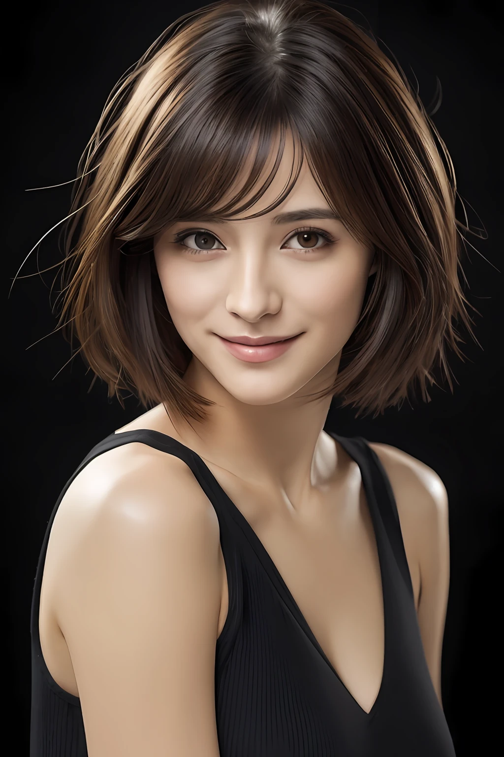 (masterpiece:1.3), (8K, Photorealsitic, Raw photography, Top image quality: 1.4), japanes, (1girl in), beauitful face, (Lifelike face), (A dark-haired, short-hair:1.3), Beautiful hairstyle, Realistic eyes, Beautiful eyes, (real looking skin), Beautiful skin, enticing, 超A high resolution, A hyper-realistic, high-detail, the golden ratio, Detal Face, see the beholder, a smile, camisa branca aberta, middlebreasts, is standing, put hands on the hip