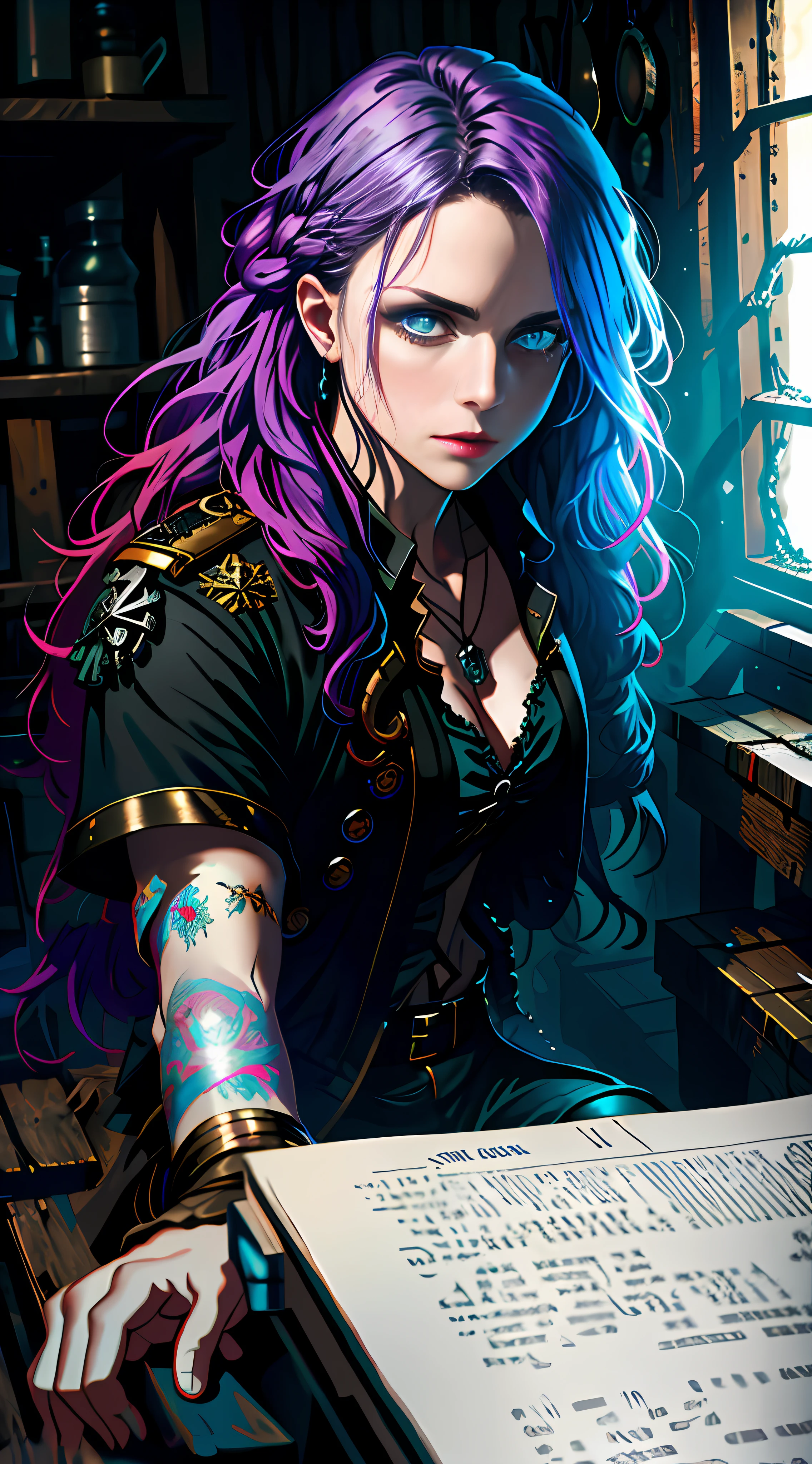 Dark and gloomy whole body 8K uniform rendering, Maiden pirate, Rainbow gradient hair, Wearing tattered armor, In a cluttered shack , Motion blurred,action shot, tattered torn shirt, Cracking of porcelain skin, skin pore, detailed intricate iris, Sail ships,the ocean,very dark lighting, heavyshading, Detailed, Detailed face, (vibrant, photograph realistic, Realistic, Dramatic, Dark, Sharp focus, 8K)