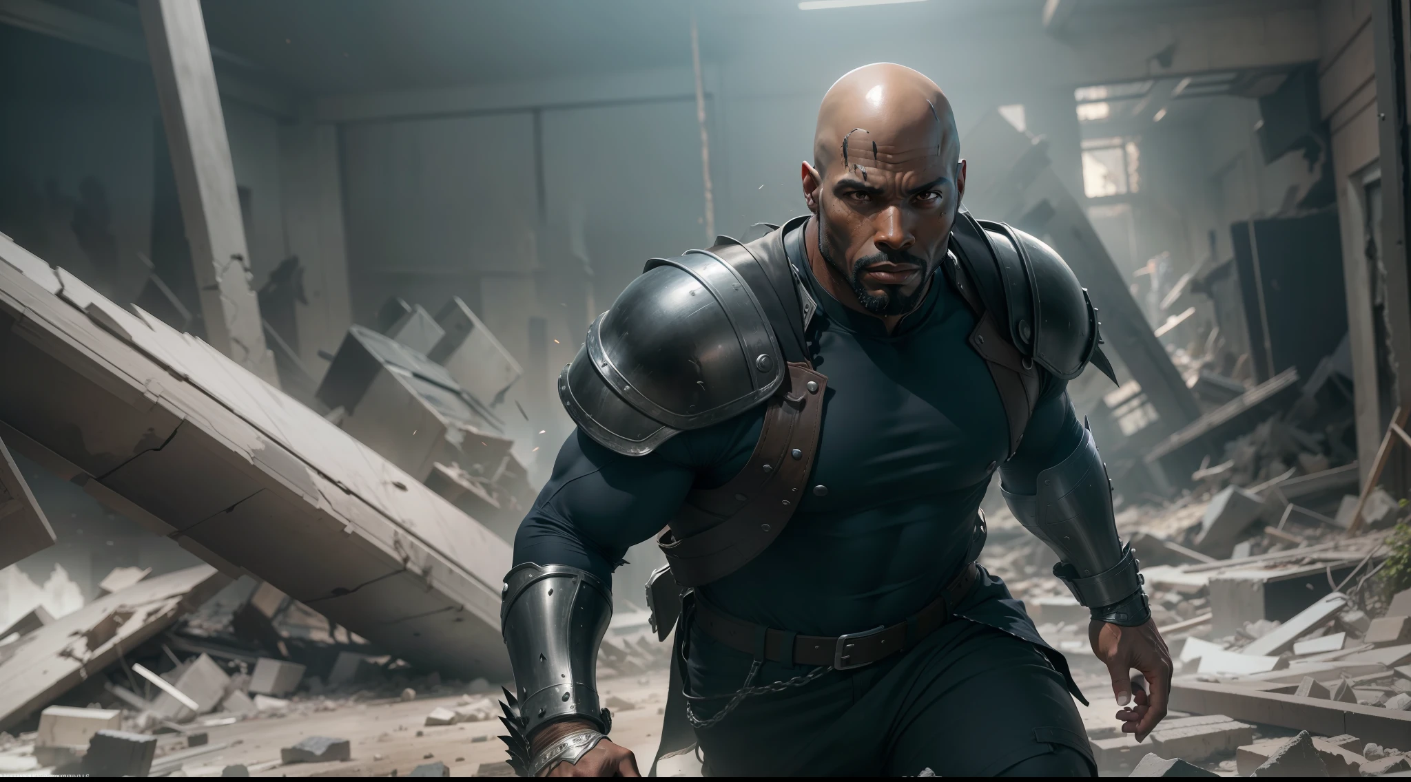 ultra realistic image of a black man, bald, 40 years old, tall and strong, injured, dressed in black RPG warrior costumes and with silver shoulder pads, advancing in attack amidst the rubble of a destroyed hall