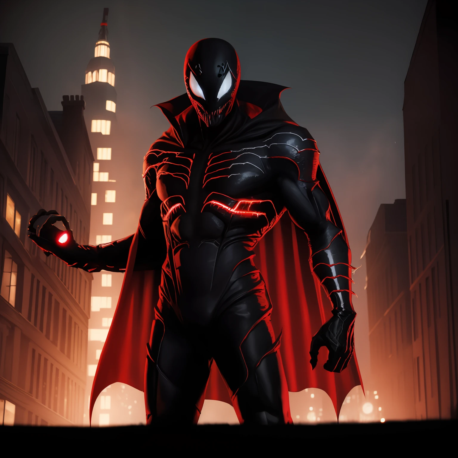 Alien symbiote,white eyes, long tongue,sharp teeth, black skin, red vessels on the body, red hands, jacked, tall, tentacles on back, red tentacle tip, long vampire collars, black cape, on the roof of a building, at night, male, solo, cowboy shot, looking at the viewer, masterpiece