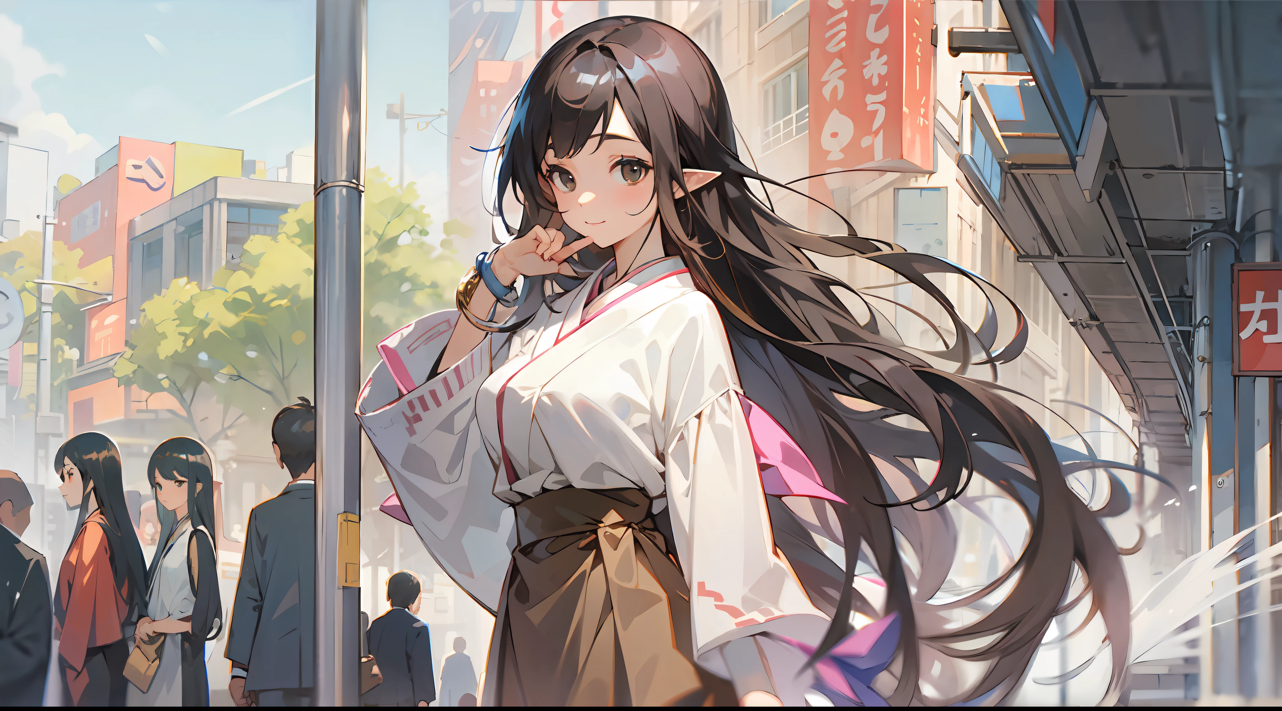 masterpiece、A detailed illustration、Detailed illustrations、femele 1、Modern depiction、Black eyes、Faithful to human anatomy、Young beautiful Japan elf、Strong sunshine、No wind、((Ruddy cheeks))、A smile、Ground View、Cinematic lighting、Black straight long hair、brown clean eyes、Wearing a blouse with a lot of white ruffles、wearing a scarf、wears a suit、Thigh Gaps、Walk along the sidewalk of the business district、Realistic office district、Eyes staring at the camera