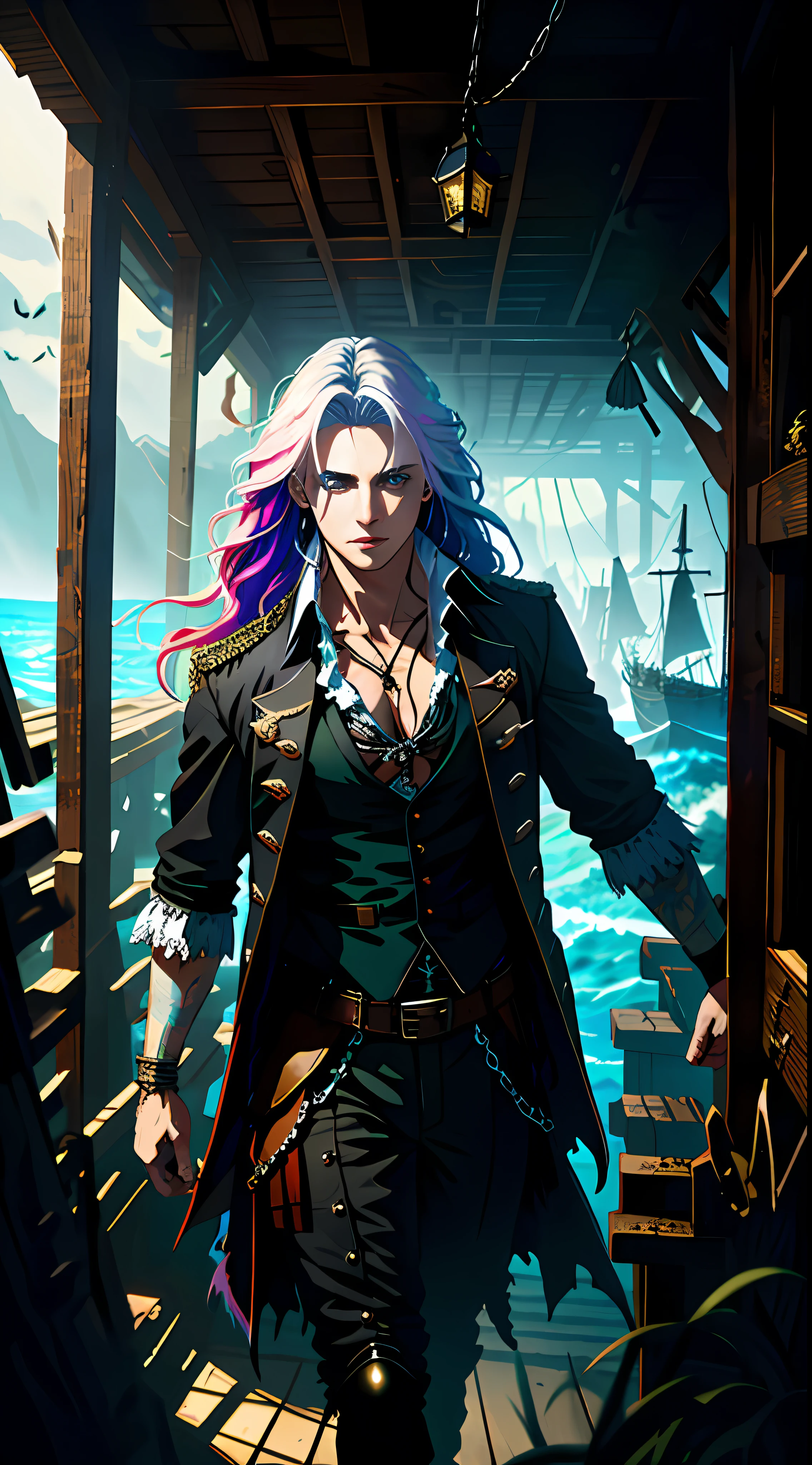Dark and gloomy whole body 8K uniform rendering, Maiden pirate, Rainbow gradient hair, Wearing tattered armor, In a cluttered shack , Motion blurred,action shot, tattered torn shirt, Cracking of porcelain skin, skin pore, detailed intricate iris, Sail ships,the ocean,very dark lighting, heavyshading, Detailed, Detailed face, (vibrant, photograph realistic, Realistic, Dramatic, Dark, Sharp focus, 8K)