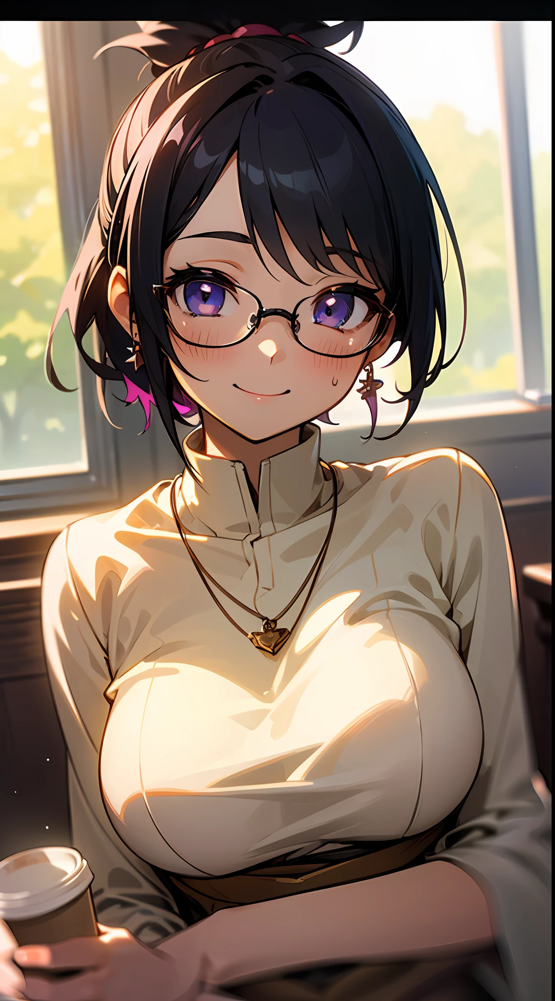 ((masterpiece)), ((best quality)), (ultra-detailed), ((kawaii)), cute, (lovely), ((extremely detailed)), 4K, (8K), best quality, (beautiful), anime style, office, morning, a cute girl, 1girl, solo, suit, beautiful black hair, beautiful purple eyes, ((beautiful eyes)), white-skinned, short hair, ponytail, large breast, glasses, earrings, necklace, cup, coffee, (smiling), blush, lens flare、