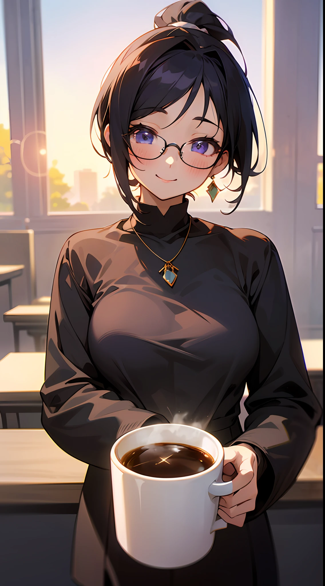 ((masterpiece)), ((best quality)), (ultra-detailed), ((kawaii)), cute, (lovely), ((extremely detailed)), 4K, (8K), best quality, (beautiful), anime style, office, morning, a cute girl, 1girl, solo, suit, beautiful black hair, beautiful purple eyes, ((beautiful eyes)), white-skinned, short hair, ponytail, large breast, glasses, earrings, necklace, cup, coffee, (smiling), blush, lens flare、
