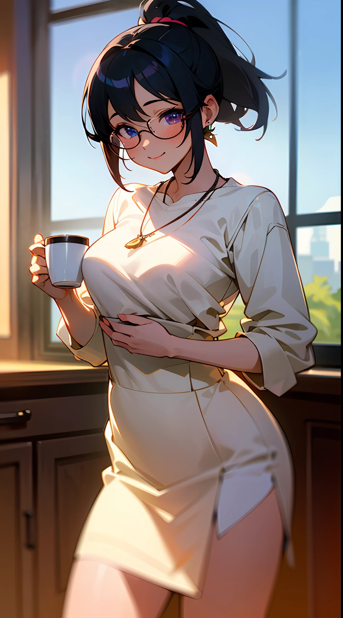 ((masterpiece)), ((best quality)), (ultra-detailed), ((kawaii)), cute, (lovely), ((extremely detailed)), 4K, (8K), best quality, (beautiful), anime style, office, morning, a cute girl, 1girl, solo, suit, beautiful black hair, beautiful purple eyes, ((beautiful eyes)), white-skinned, short hair, ponytail, large breast, glasses, earrings, necklace, cup, coffee, (smiling), blush, lens flare、