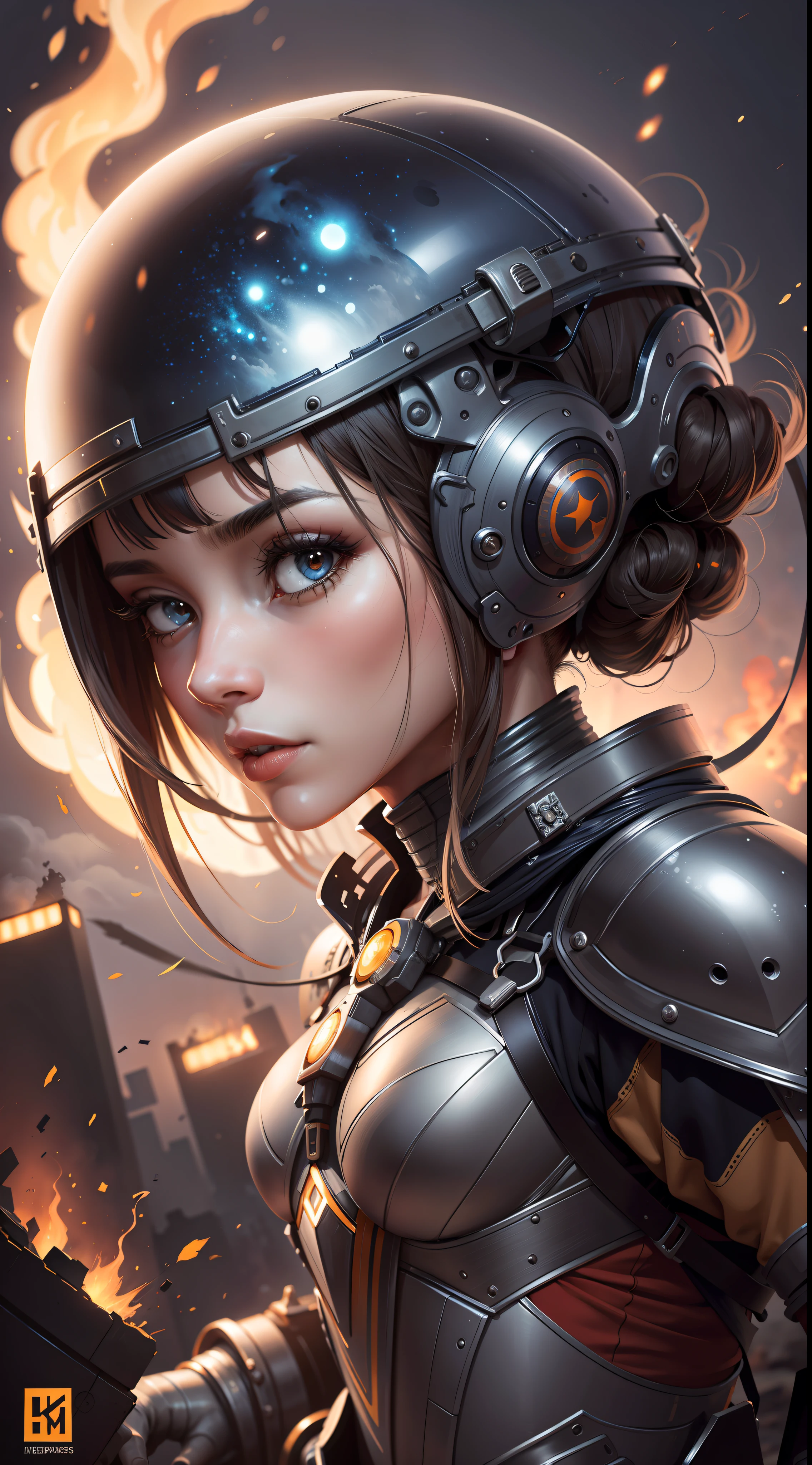 Mulher forte, obra-prima, fuzileira naval espacial,(Epic armor, reflexos de metal), hdr, melhor qualidade, uhd, 8K分辨率, melhor luz, realista, plano de fundo detalhado, rosto detalhado, detailed hands, corpo inteiro, (ruins of the city)(campo aberto cercado por fogo), (alien planet), (Ships flying in the sky)