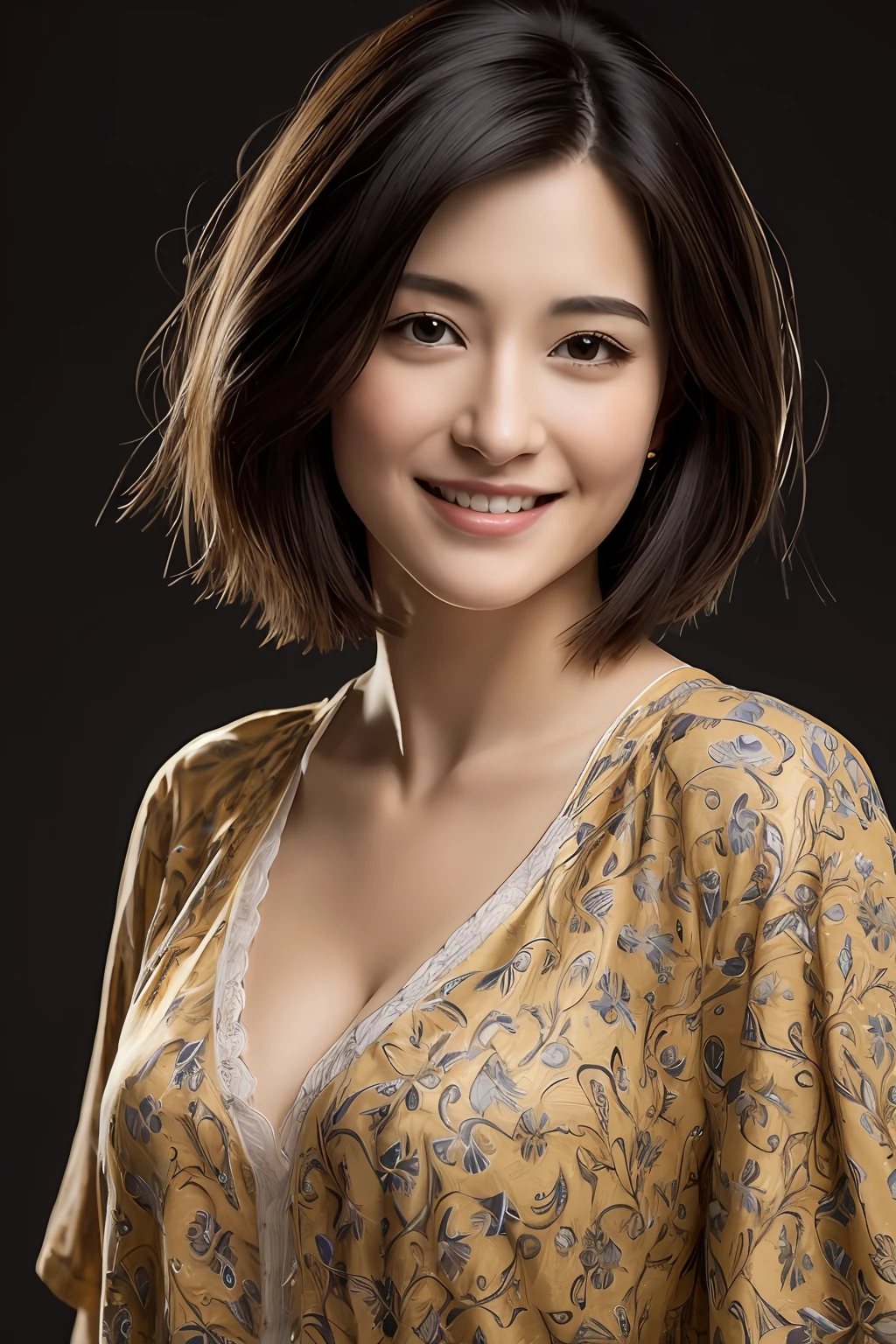 (masterpiece:1.3), (8K, Photorealsitic, Raw photography, Top image quality: 1.4), japanes, (1girl in), beauitful face, (Lifelike face), (A dark-haired, short-hair:1.3), Beautiful hairstyle, Realistic eyes, Beautiful eyes, (real looking skin), Beautiful skin, enticing, 超A high resolution, A hyper-realistic, high-detail, the golden ratio, Detal Face, see the beholder, a smile, camisa branca aberta, middlebreasts, is standing, put hands on the hip, Look at viewers