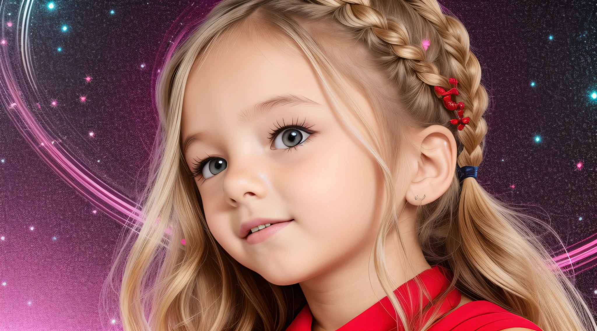Girl child , Russian blonde in braids, com roupa de jaqueta de couro vermelha, Estilo retrato, fundo preto e vermelho, uma bola de disco prateada com um reflexo de espelho sobre ela, bola de discoteca, bola de discoteca no fundo, prata brilhante.