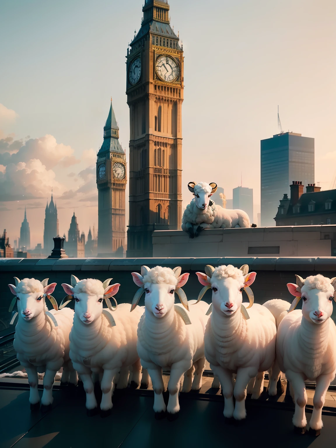 A large herd of lambs standing on top of a tall building in the middle of London city looking around curiously, (((wide shot))), sunset in background, skyscrapers, Big Ben, London bridge, (((London skyline))), buildings, city skyline, vibrant sky, (((subject: large herd of lambs standing on roof top of tall building))), cinematic, hyper realistic photo, 8k render, curious animals, overcast, (((herd of lambs))), rainbow in sky, snowfall, candid photo, English, city life, top view shot, numerous lambs