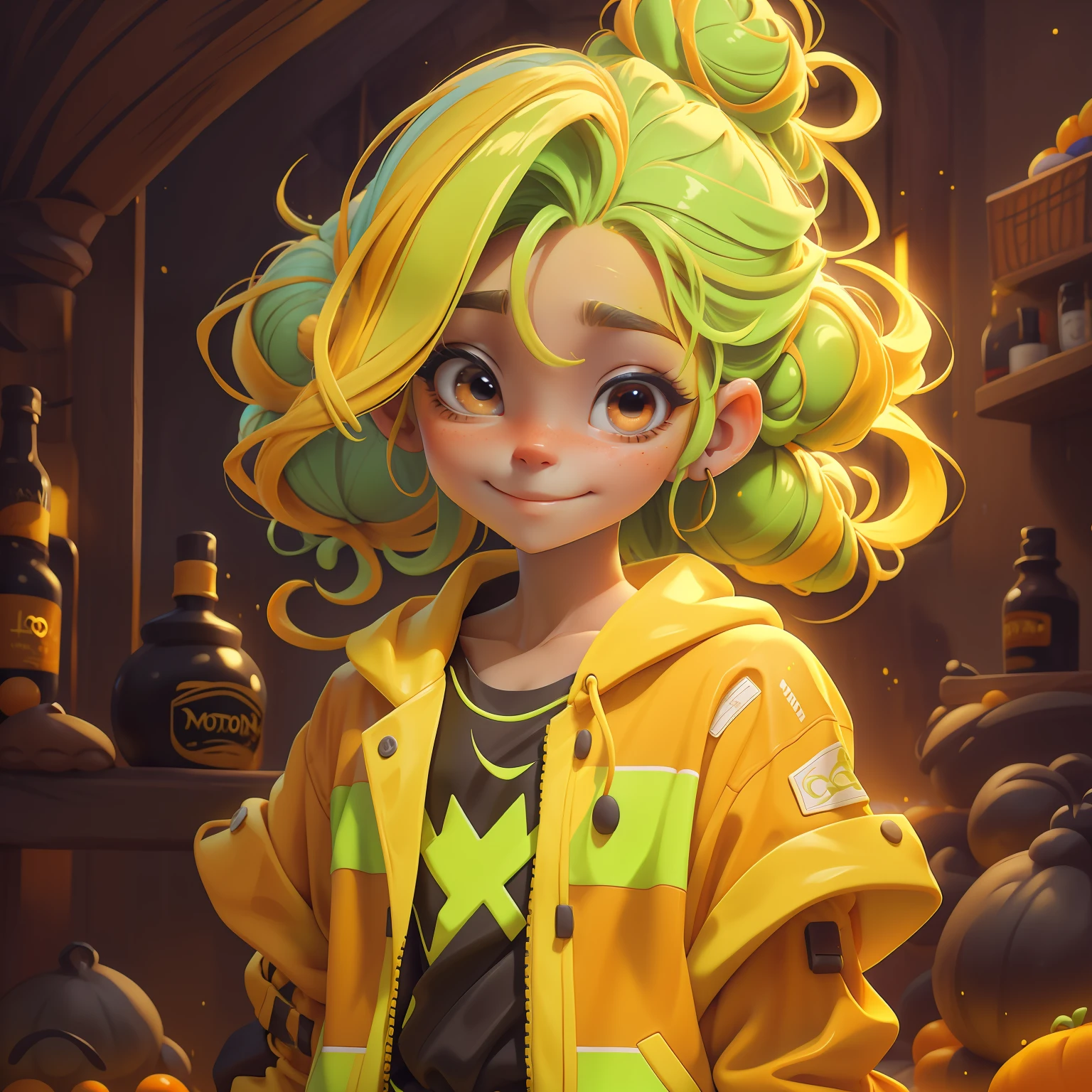 menino Lodo, (Lodo), Slime cabelo bun estilo de cabelo, Laranja de Portland, roupas rave neon, master part, best quality