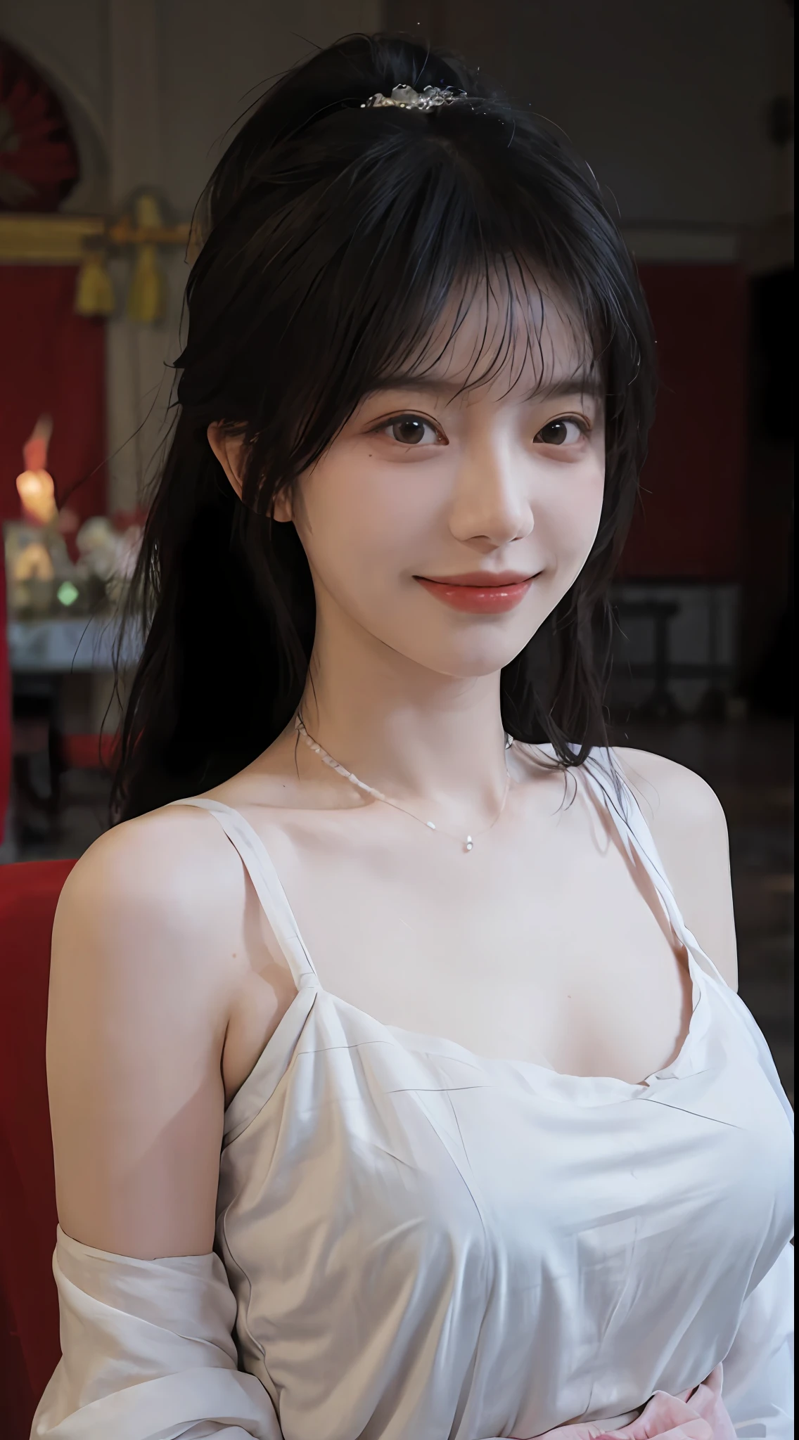 best qualtiy, 超高分辨率, (realisticlying:1.4),cute hairpin,Baoyu Girl,Stand in the wedding hall,Blushlush,Wearing a red wedding dress,(flatchest:1.1) ,A pair of clear and moving peach blossom eyes,Royal Sister,sunshine on face,Ponytail hairstyle,(choker necklace:1.2),(Fair skin:1.4),a sense of atmosphere,a beauty girl, Charming smile,head straight-looking at viewer, closeup cleavage ,(Photorealistic:1.4),Sexy,(Upper body:1.4),(Wet body),(:1.2)